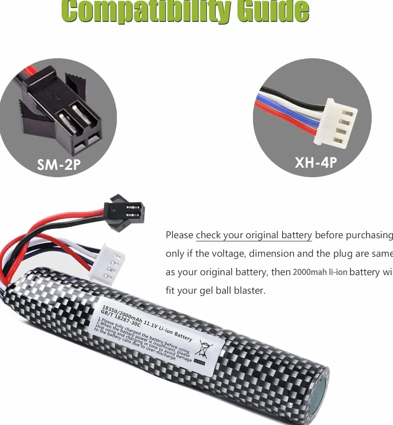 Confezione da 2 batterie agli ioni di litio ricaricabili da 11,1 V 3S per softair, 2000 mAh, RC, SM 2P, connettore con caricatore USB, set per telecomando, fucili a gel, pistole a palla