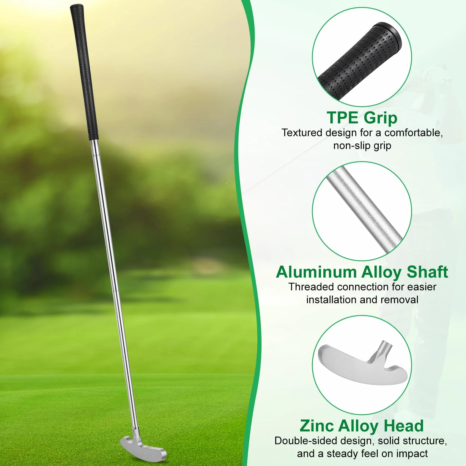 Mazza da Golf Ambidestra, Putter Bidirezionale da 85.5CM Componibile in 3 Pezzi con Impugnatura Antiscivolo in TPE e Testa in Lega di Zinco, Mazze da Golf Portatile per Principianti, Giovani e Adulti