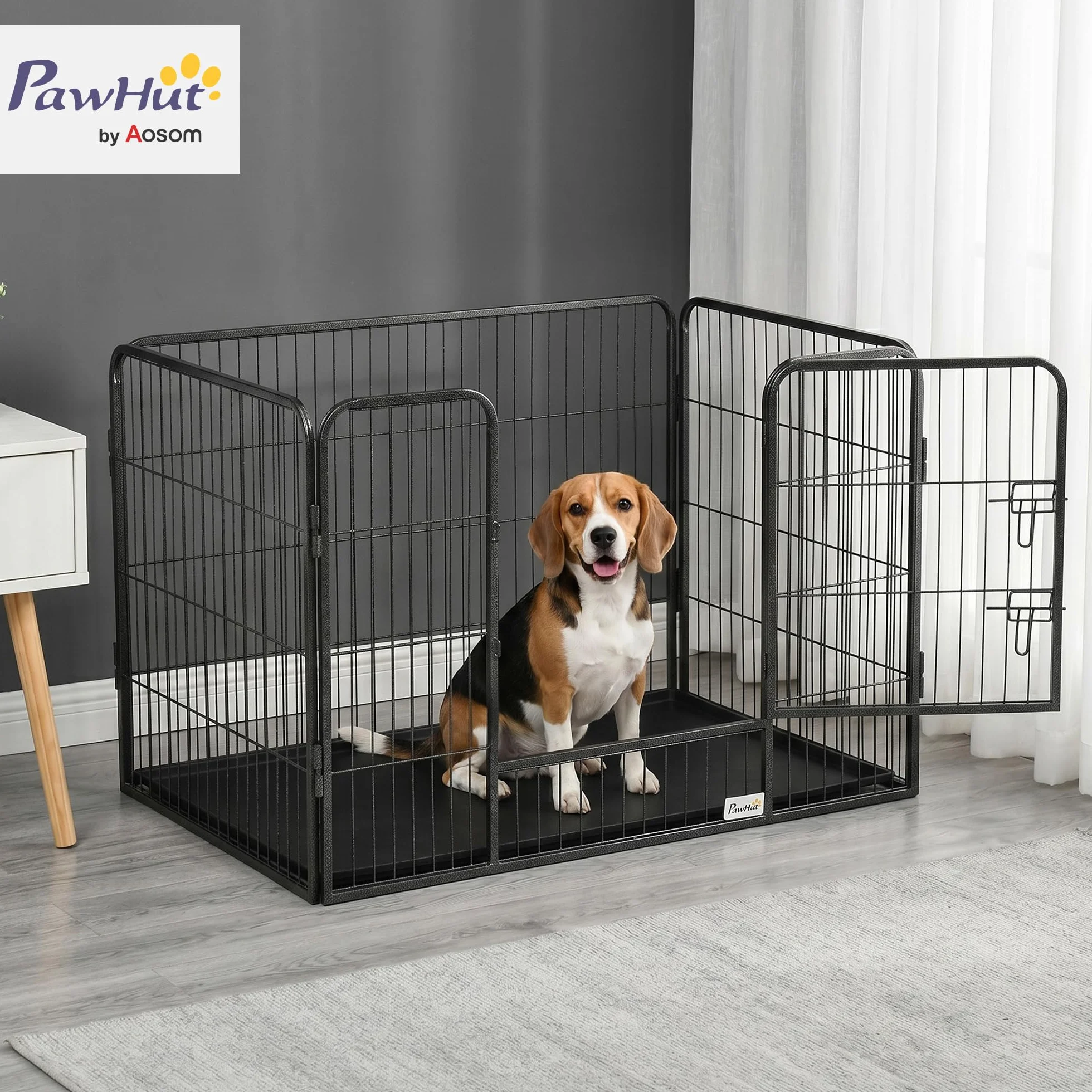 PawHut Box per Cani Recinzione in Metallo 4 Pannelli Porta Doppio Blocco 109x74x71cm Grigio