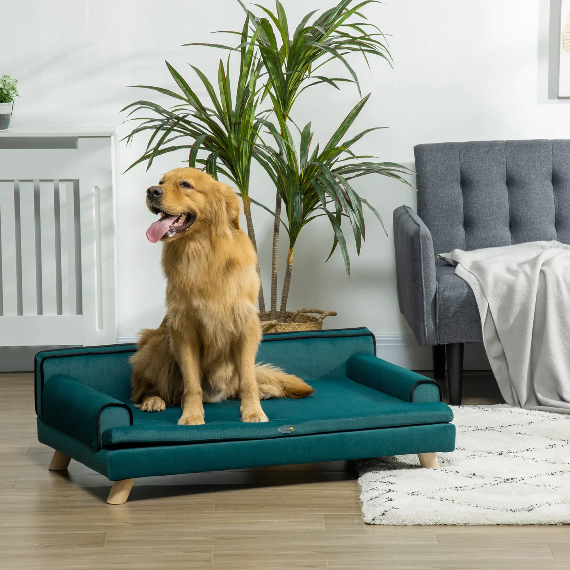 PawHut Divano per Cani Grandi con Imbottitura e Rivestimento Morbido, Cuccia per Cani con Rivestimento Lavabile e Gambe in Legno, Verde Scuro