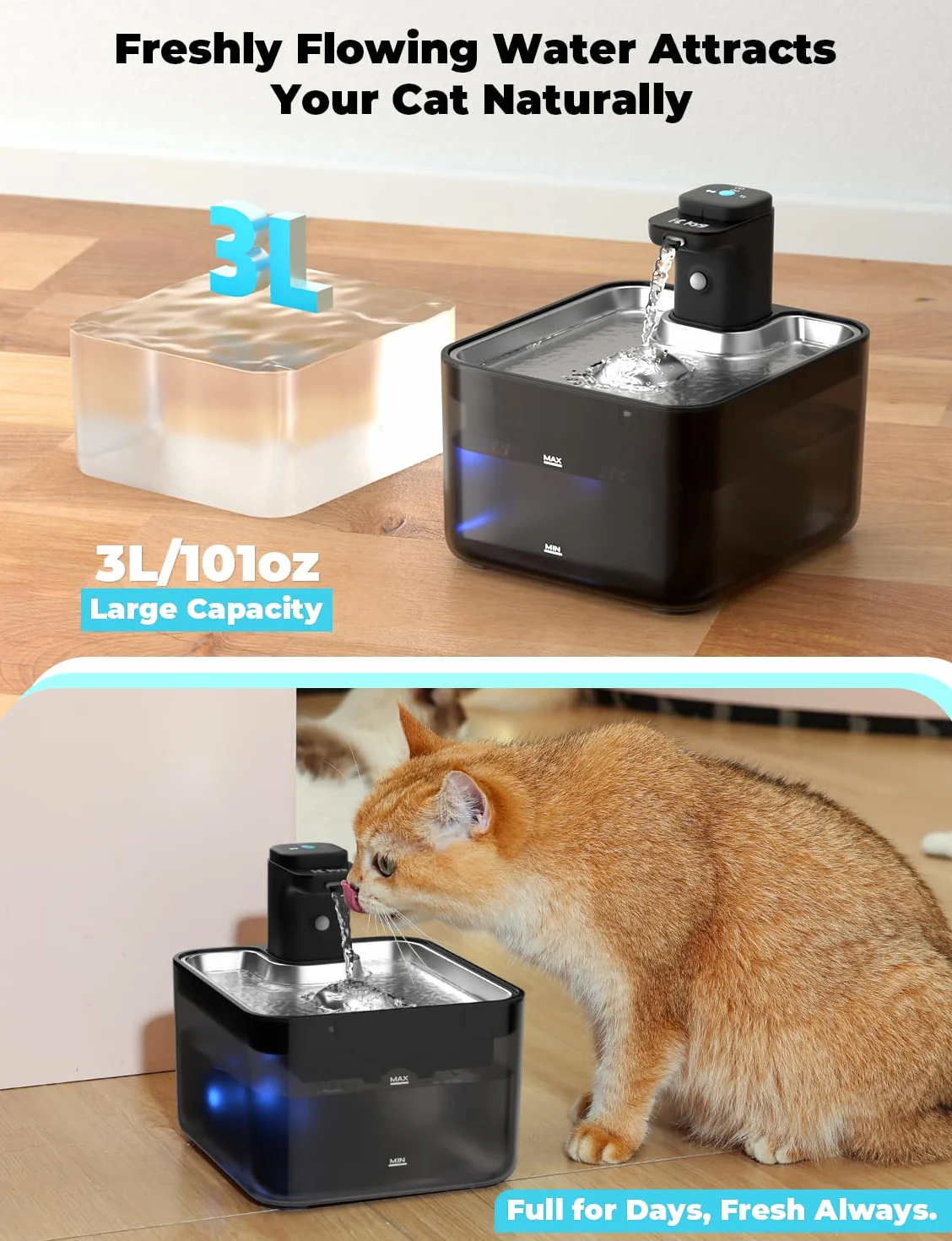 KYG Fontanella per Gatti Senza Fili, 3L Fontanella Gatto Automatica con Sensore di Movimento, Vassoio Acciaio Inox 304, Fontana per Gatti Silenziosa, 4000mAh(Modulo Alimentazione Removibile), Nero