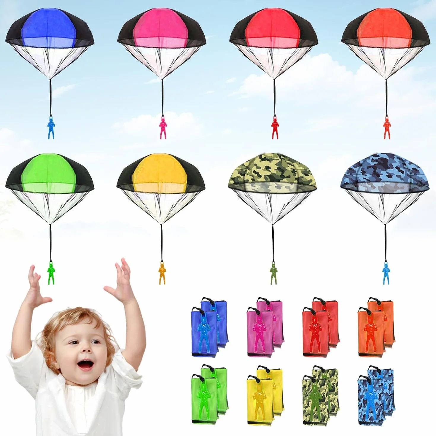 16 Pezzi Paracadute Giocattolo Lancio a Mano per Bambini Soldati Esercito Uomini Gioco Paracadute Giocattoli All'aperto Paracadute Gioco per Bambini e Adulti 8 Colori