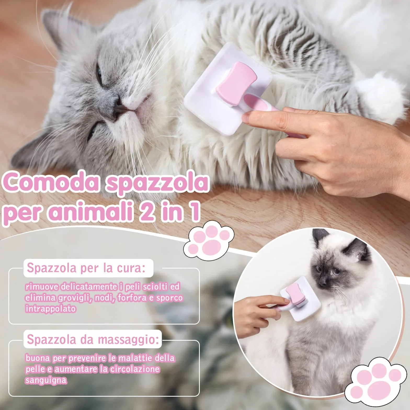 Vinabo Spazzola autopulente per animali domestici, spazzola per pelo lungo e corto, per cani e gatti, elimina efficacemente la tomentosi, sottopelo, grovigli, rosa