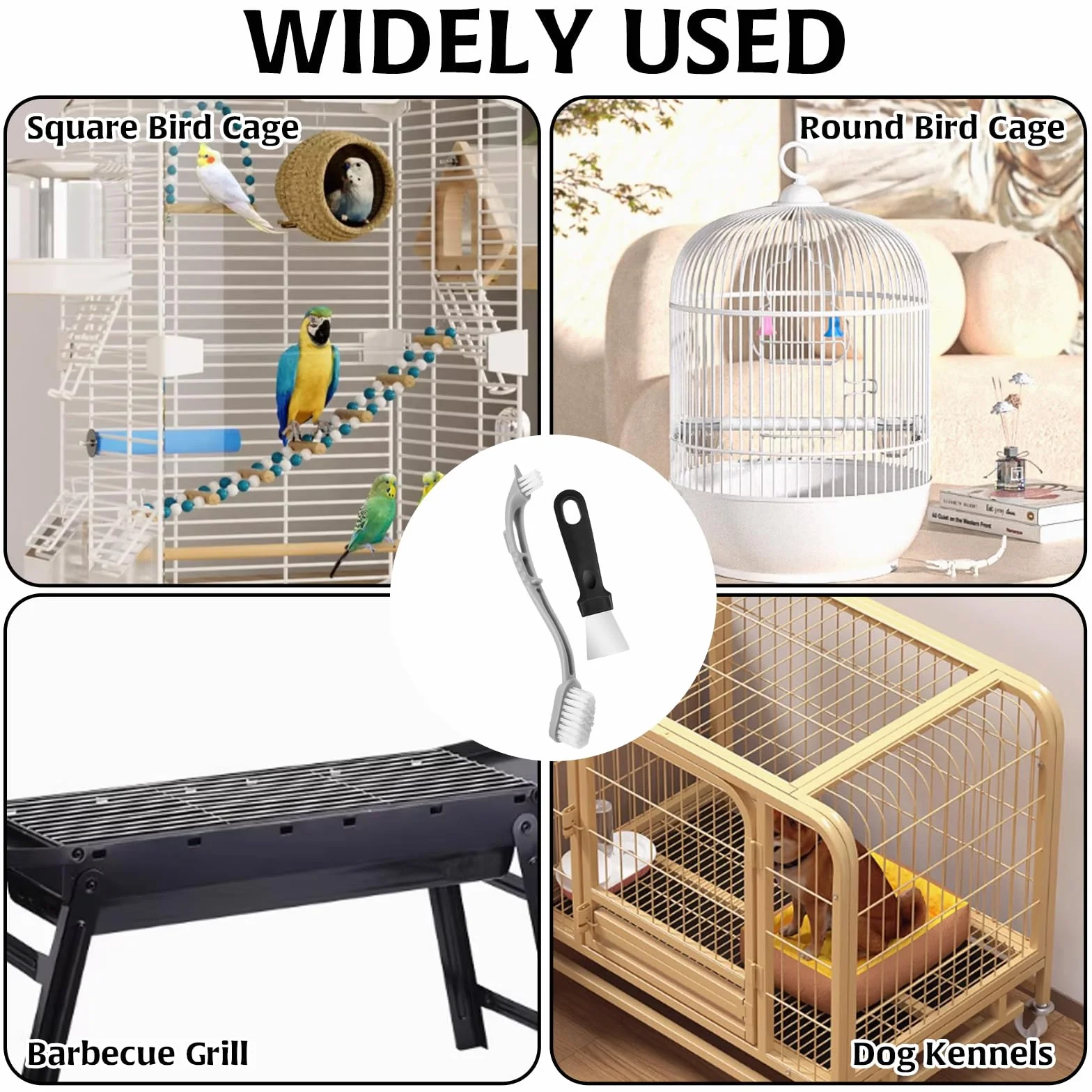 Pulitore per gabbie per uccelli con spazzole anteriori e posteriori, raschietto per la pulizia, utensile con manico lungo, strumento per la rimozione degli escrementi di uccelli, utensili in