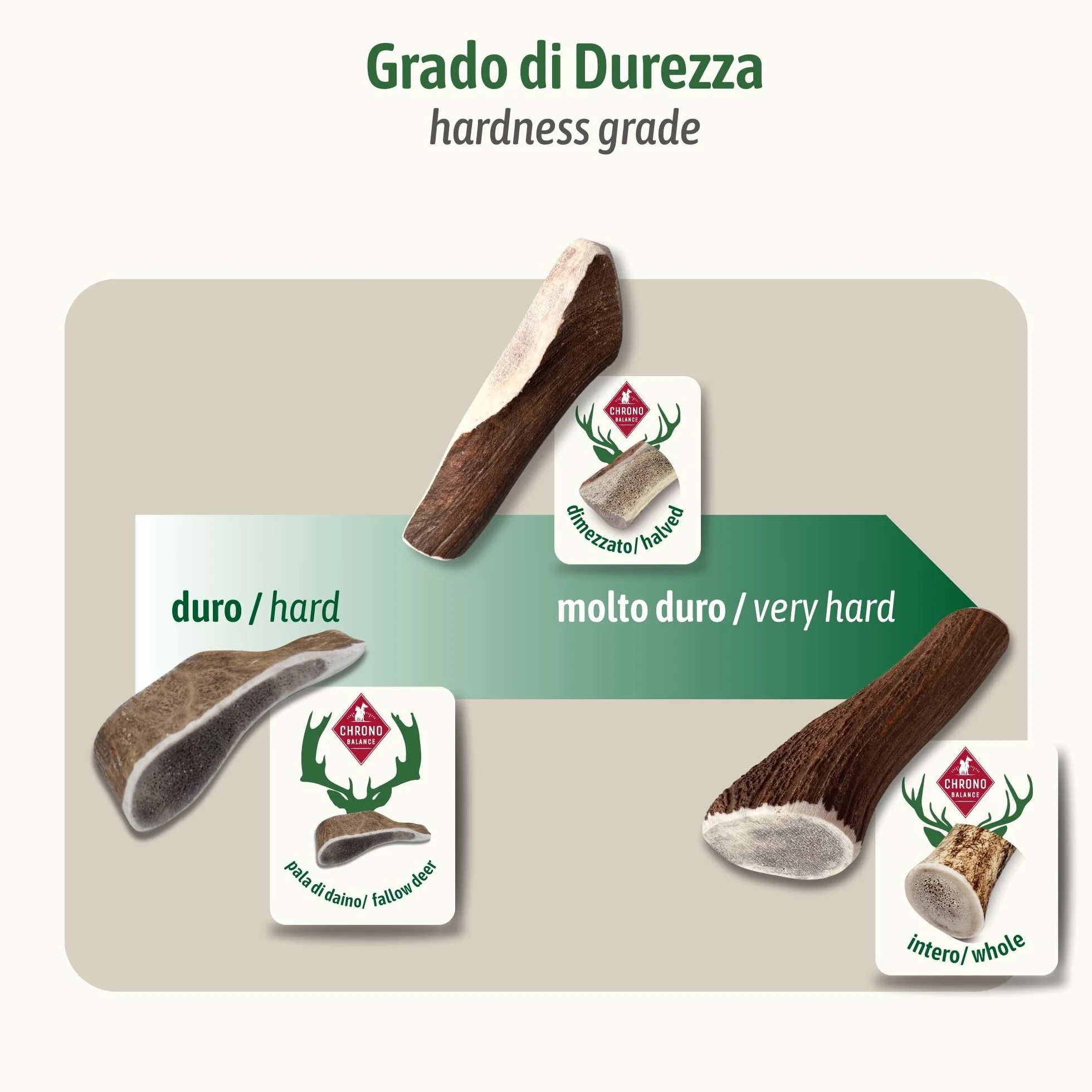 ChronoBalance-XXL Corno di Cervo per Cani, Confezione da 2, Dimezzato, 100% Naturale, Osso di Cervo, Cura Dentale, Giocattolo per Cani, Senza Sostanze Chimiche, Lunga Durata