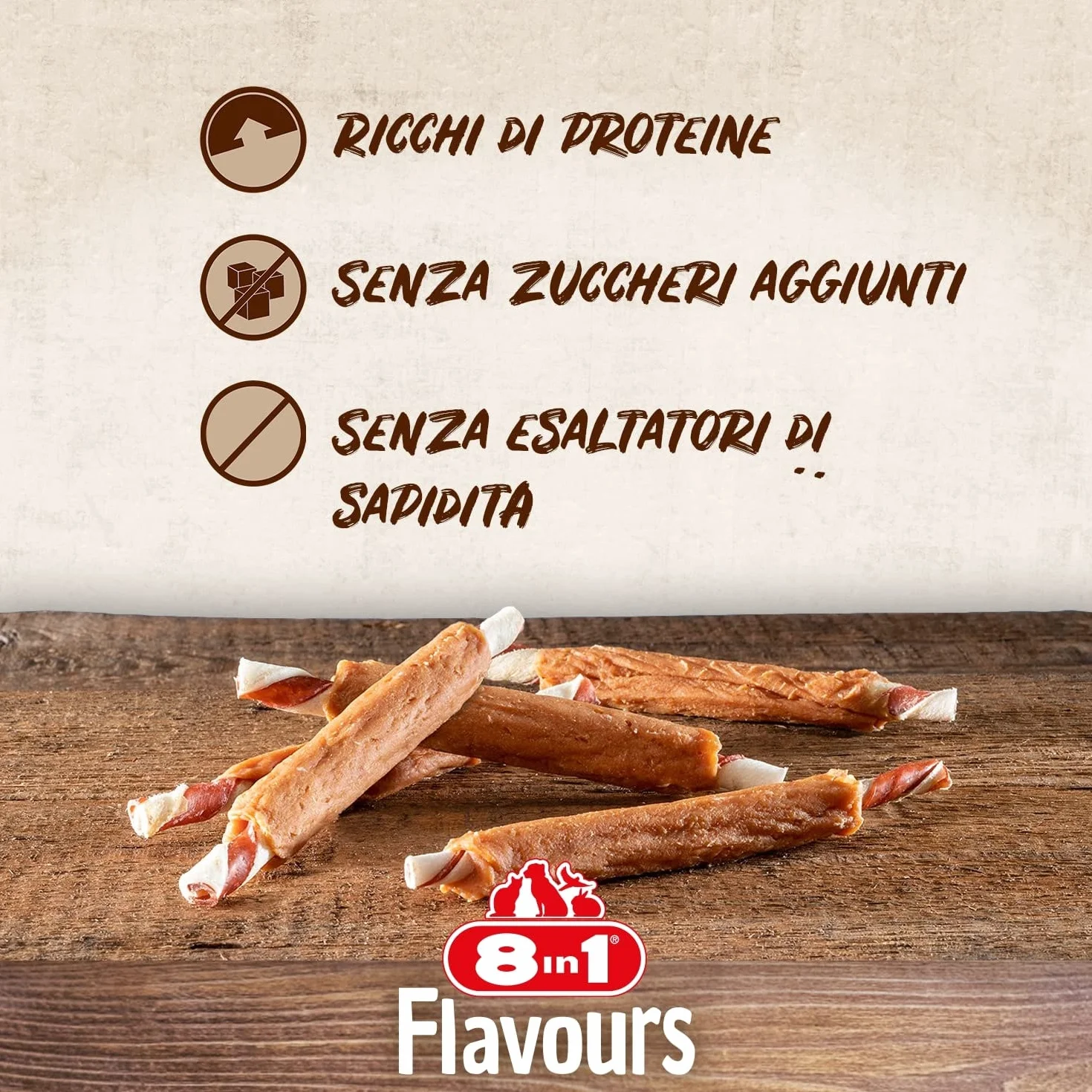 8in1 Triple Flavour Ribs Bastoncini da masticare per cani - Snack da masticare con carne extra, confezione da 113 g (ca. 6 pezzi)