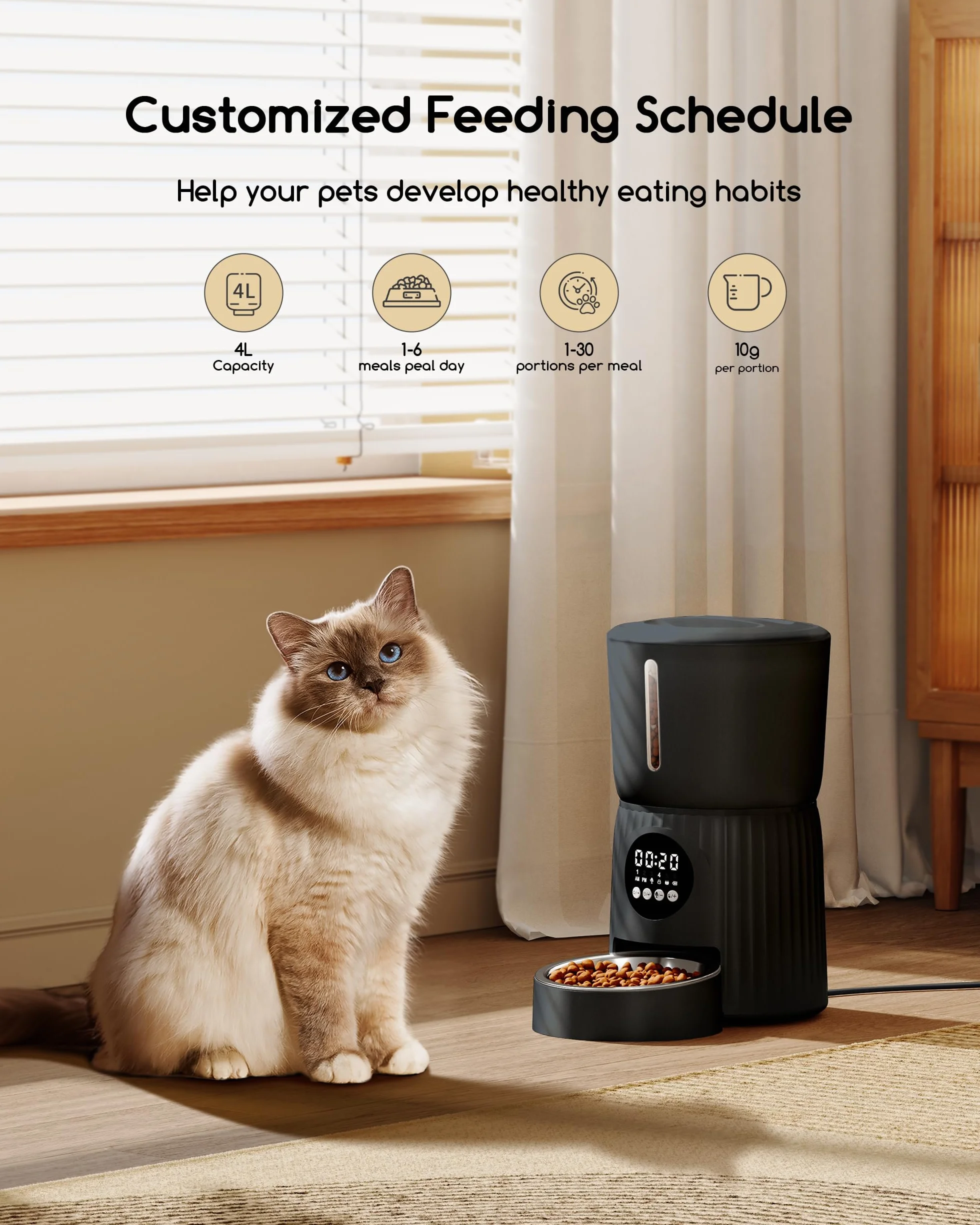 Distributore Automatico Cibo Gatti, Faroro 4L Dispenser Crocchette Gatto con 1-6 Pasti Al Giorno, Porzioni Regolabili, Voce 10s, Alimentazione Lenta (Nero)
