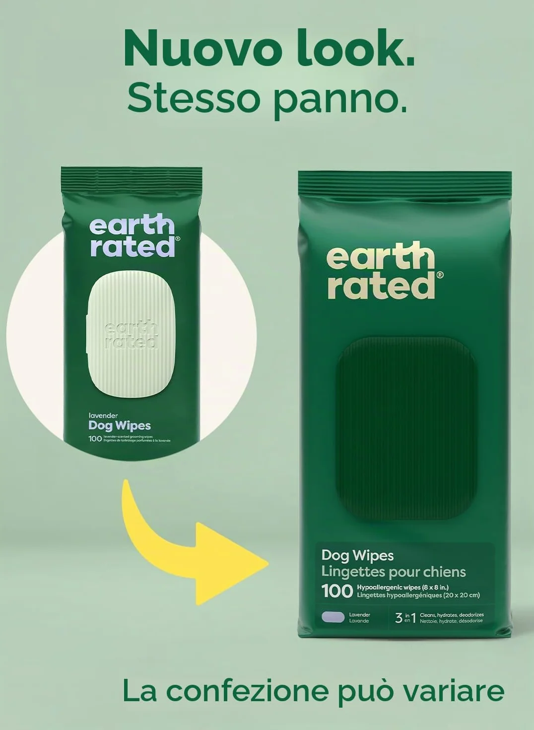 Earth Rated Salviette ipoallergeniche per Cani, puliscono ed eliminano Gli odori da Zampe, Corpo e Sedere, profumati alla Lavanda, 100 Pezzi