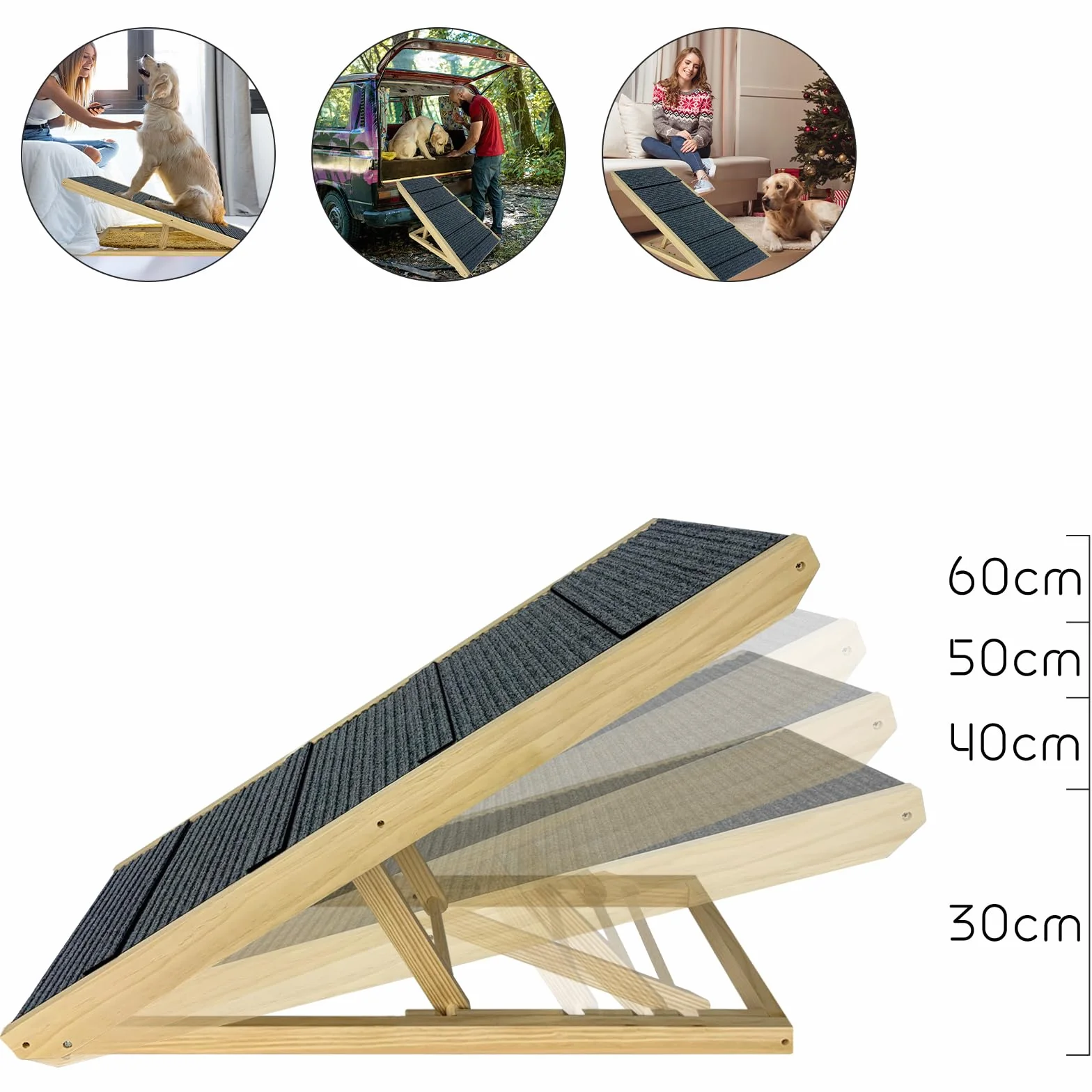 Rampa per cani in legno, pieghevole, altezza regolabile, per letto, divano, altezza 60 cm, antiscivolo, per cani e gatti, portata massima 100 kg, 100 x 40 x 60 cm