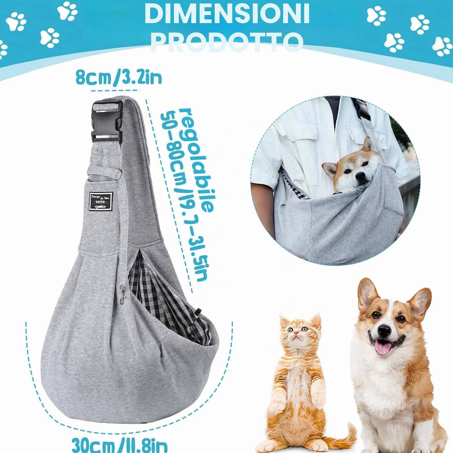 Borsa per cani fino a 10 kg trasporto portatile grigio