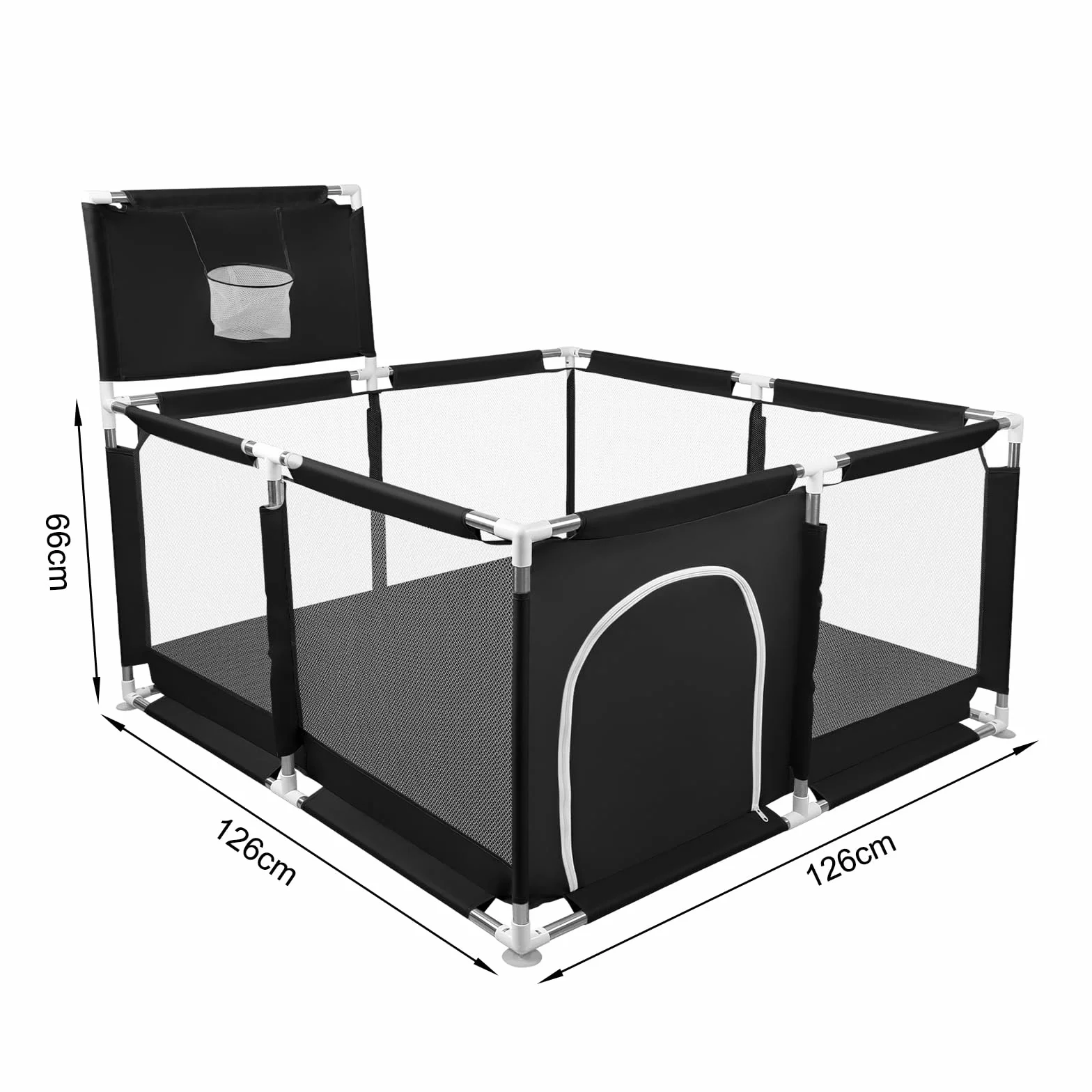 Parco per cuccioli con porta, parco per cuccioli o cani piccoli, recinzione solida in tessuto spesso e rete in nylon ad alta resistenza, lavabile in lavatrice, interno/esterno, 126 x 126 x 66 cm, nero