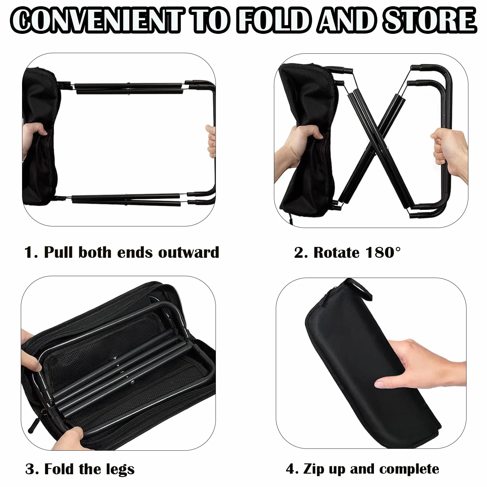 Sgabello Pieghevole Portatile da Campeggio, Sedia Esterna Compatta e Leggera con Borsa e Cerniera, Robusta e Stabile, Ideale per Pesca, Escursionismo, Viaggi e Attività Outdoor (Nero)
