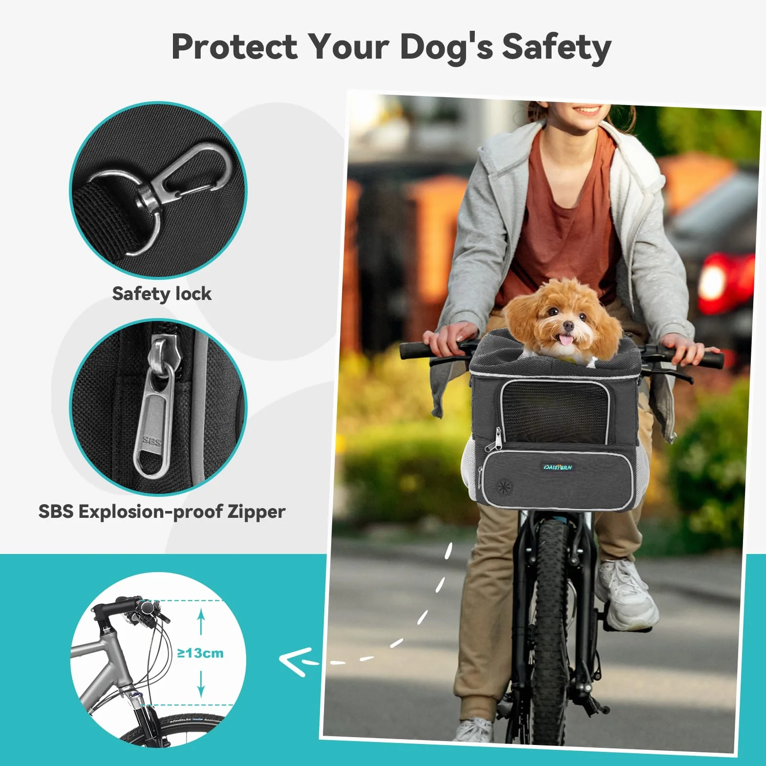 Cestino per Bicicletta per Cani fino a 3KG con Supporto Φ53mm, Zaino Multifunzione, Borsa a Tracolla e Seggiolino Auto con Finestre in Rete, Cuscino Impermeabile per Cuccioli