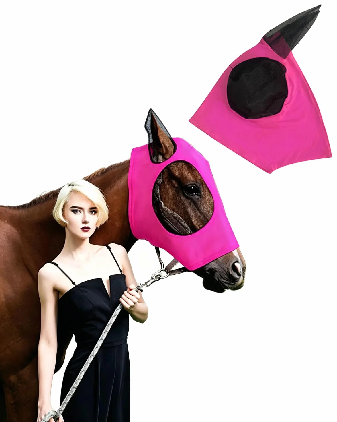 Mascherina per Cavalli Rosa Fucsia con Paraorecchie Protezione UV Insetti Rete Traspirante