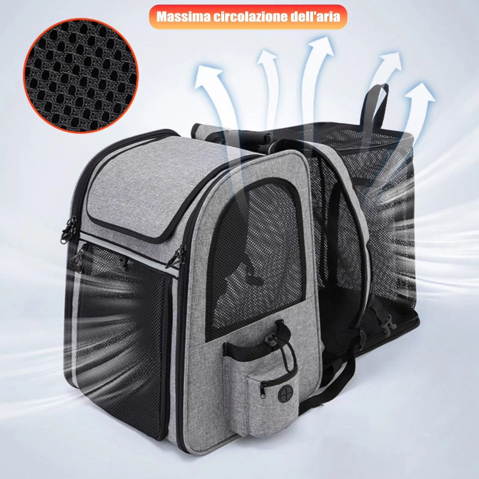 Zaino Trasportino Gatto Cane Estensibile Cuccia Portatile Grande Espandibile Borsa Porta Animali Pieghevole Traspirante per Cani Piccoli Cuccioli Gatti Medi Fino a 8kg Km15 (Grigio)