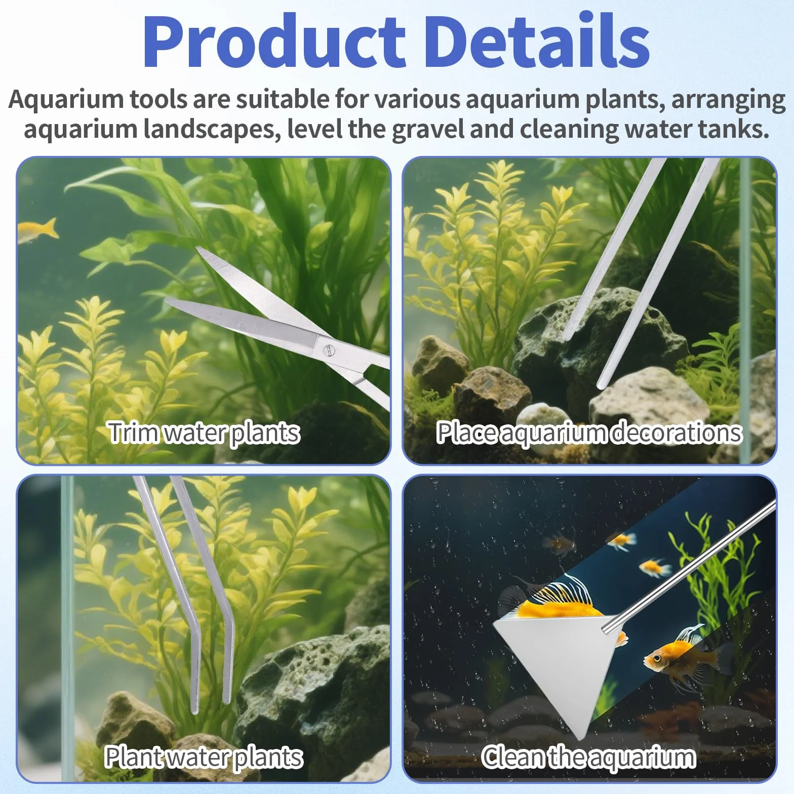 Strumenti per acquario in acciaio inox 4 in 1, pinzette lunghe, forbici, spatola, kit per la pulizia