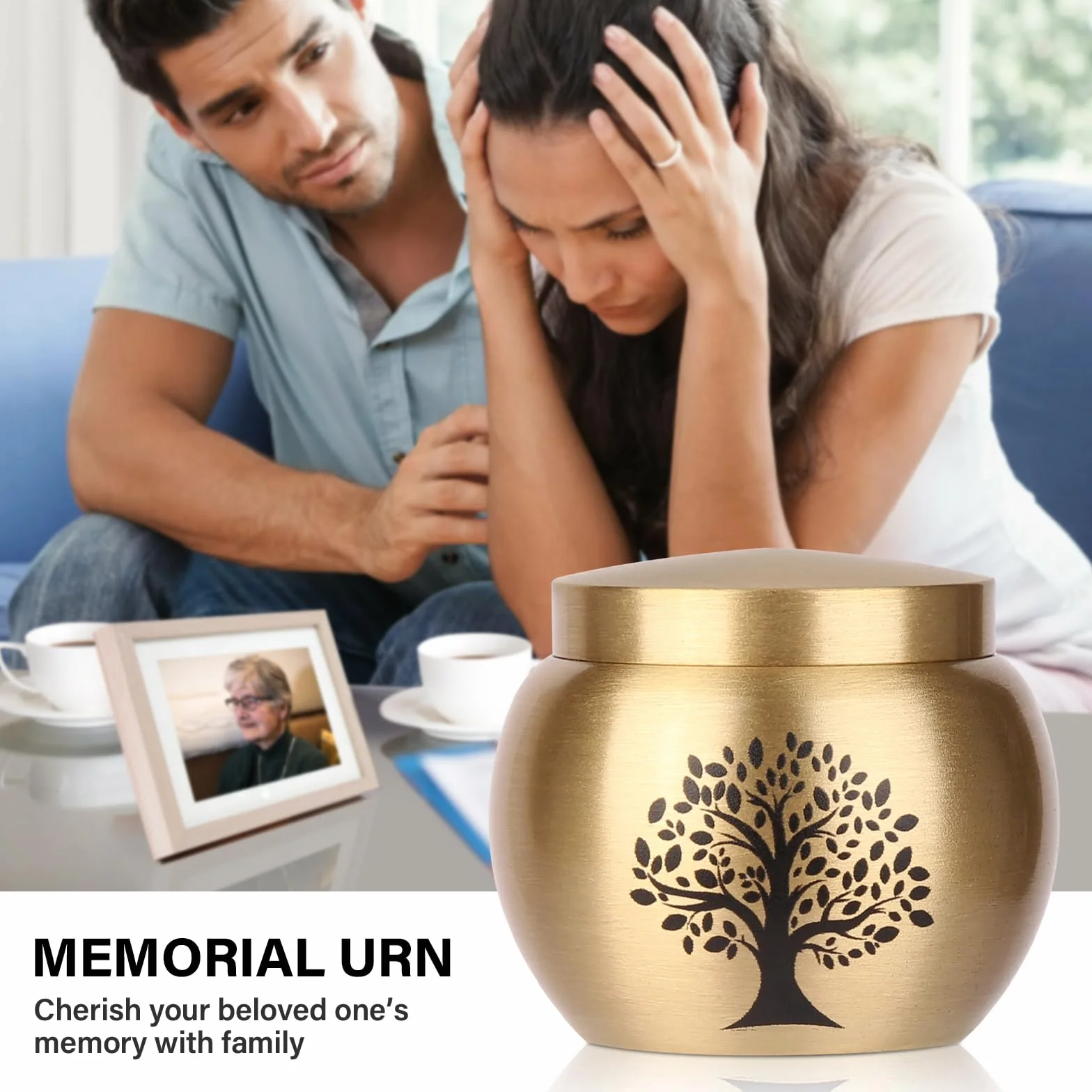 Set di 1 piccola urna per le ceneri umane, in ottone con motivo albero della vita, mini urna per ceneri adulte, donne, animali domestici, può contenere fino a 2,3 pollici cubi