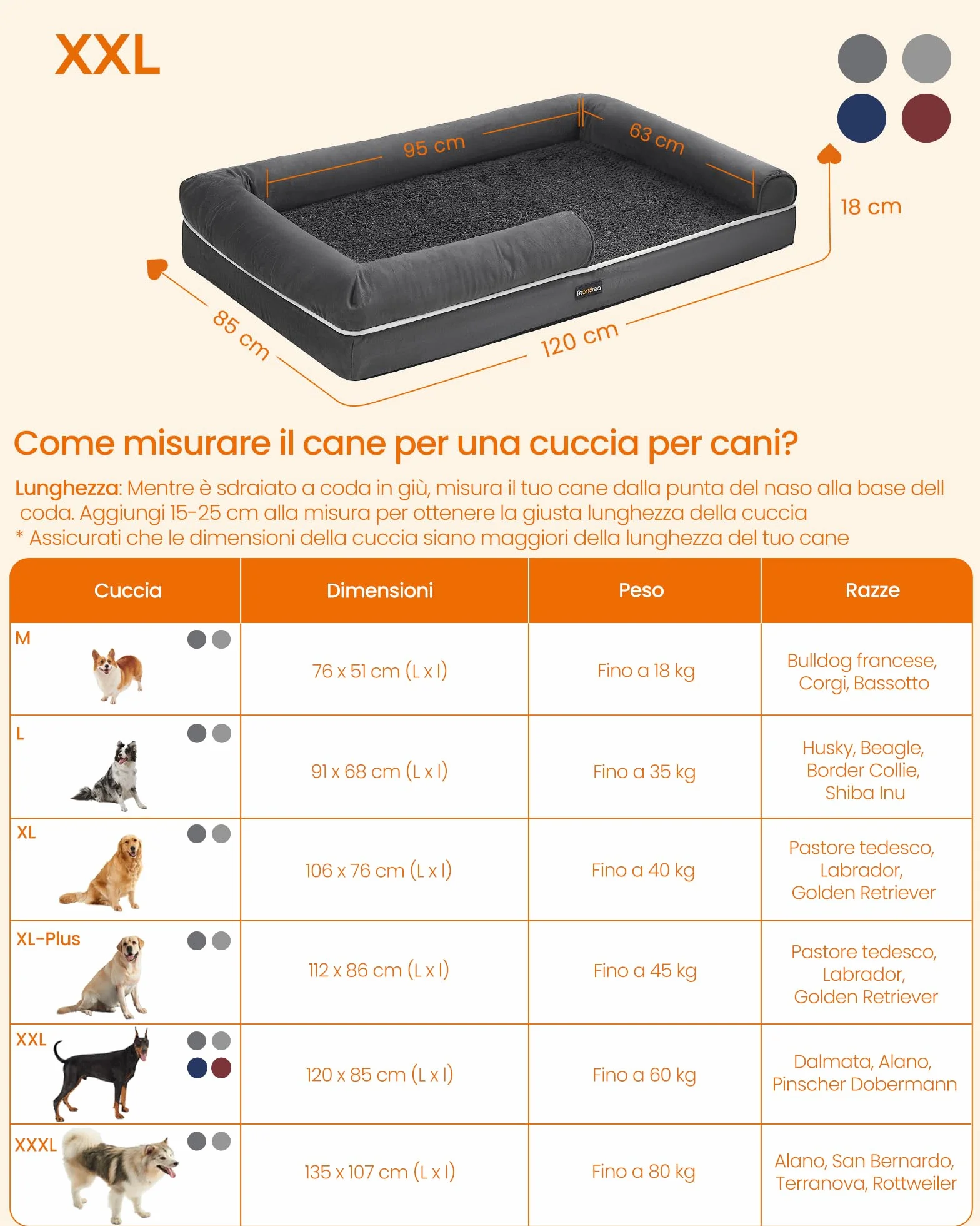 Feandrea Cuccia per Cani Ortopedica, Letto Divano per Animali, 120 x 85 x 18 cm, Grigio Scuro