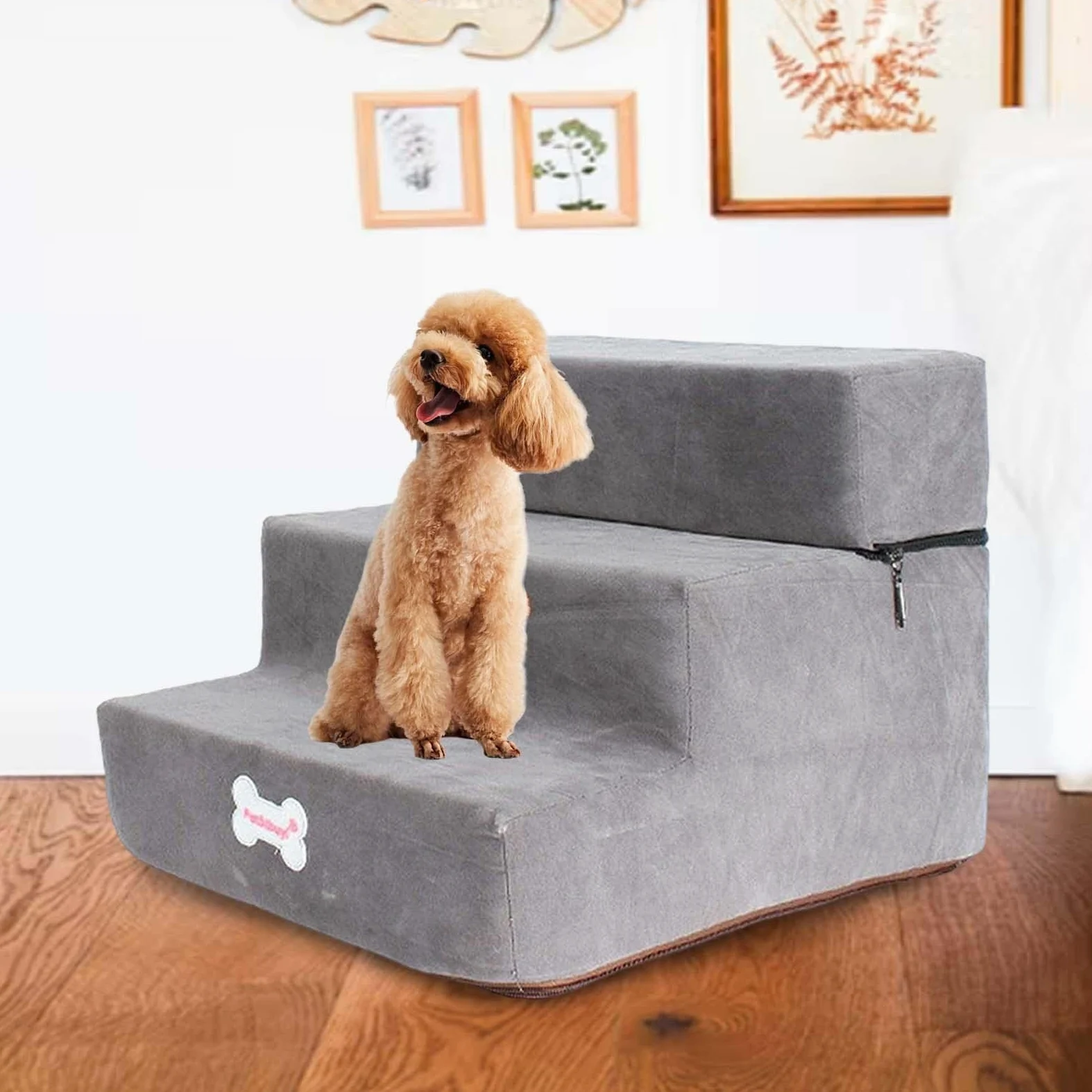 LOVIVER Morbido Cane Scale Scaletta Antiscivolo Rampa Giocattoli Spugna Lavabile Step 3 Rimovibile Cerniera Copertura per Vecchi Gatti Divano, Grigio Chiaro