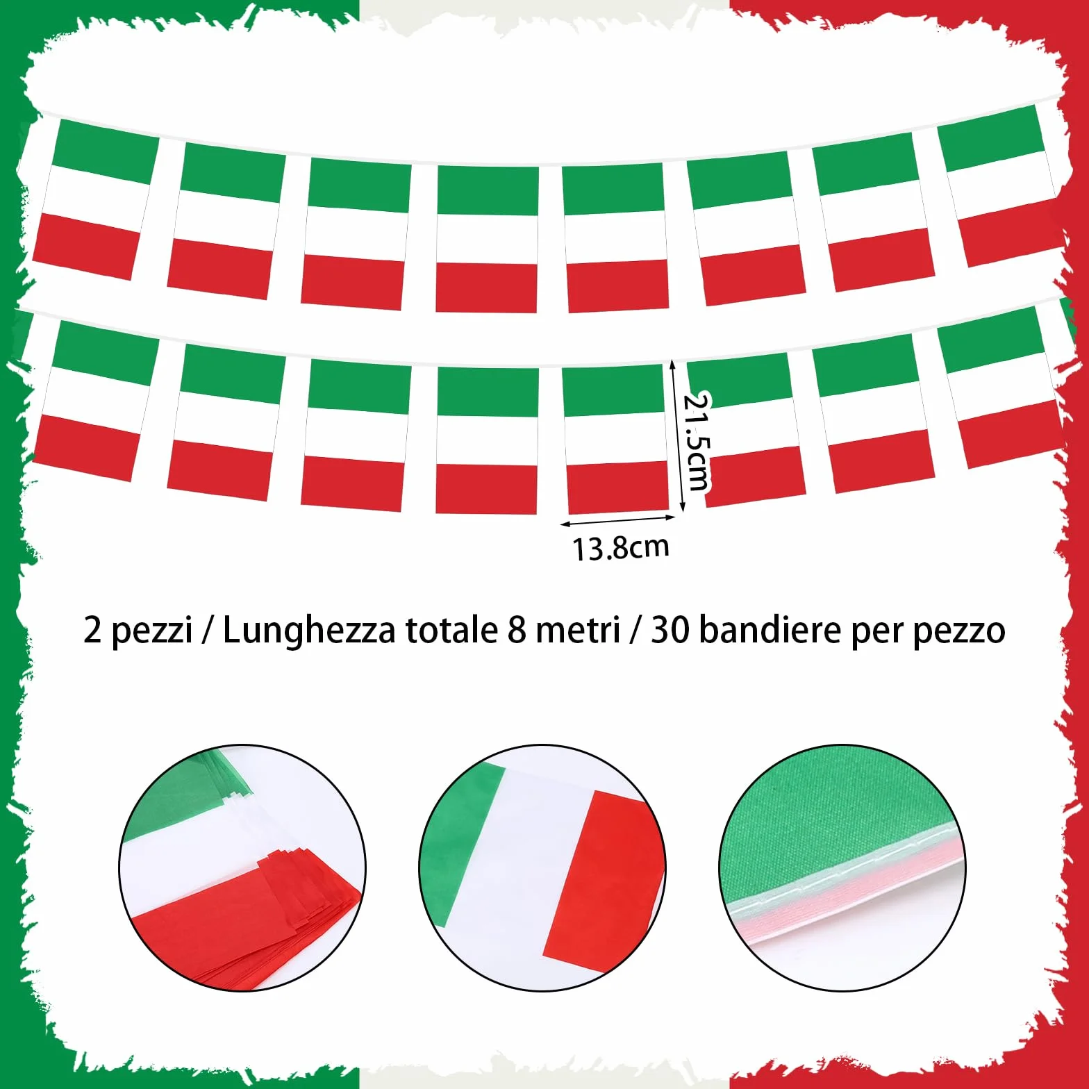 Bandiera Italia 16m Ghirlanda con 60 Bandiere per Decorazioni Eventi Patriottici