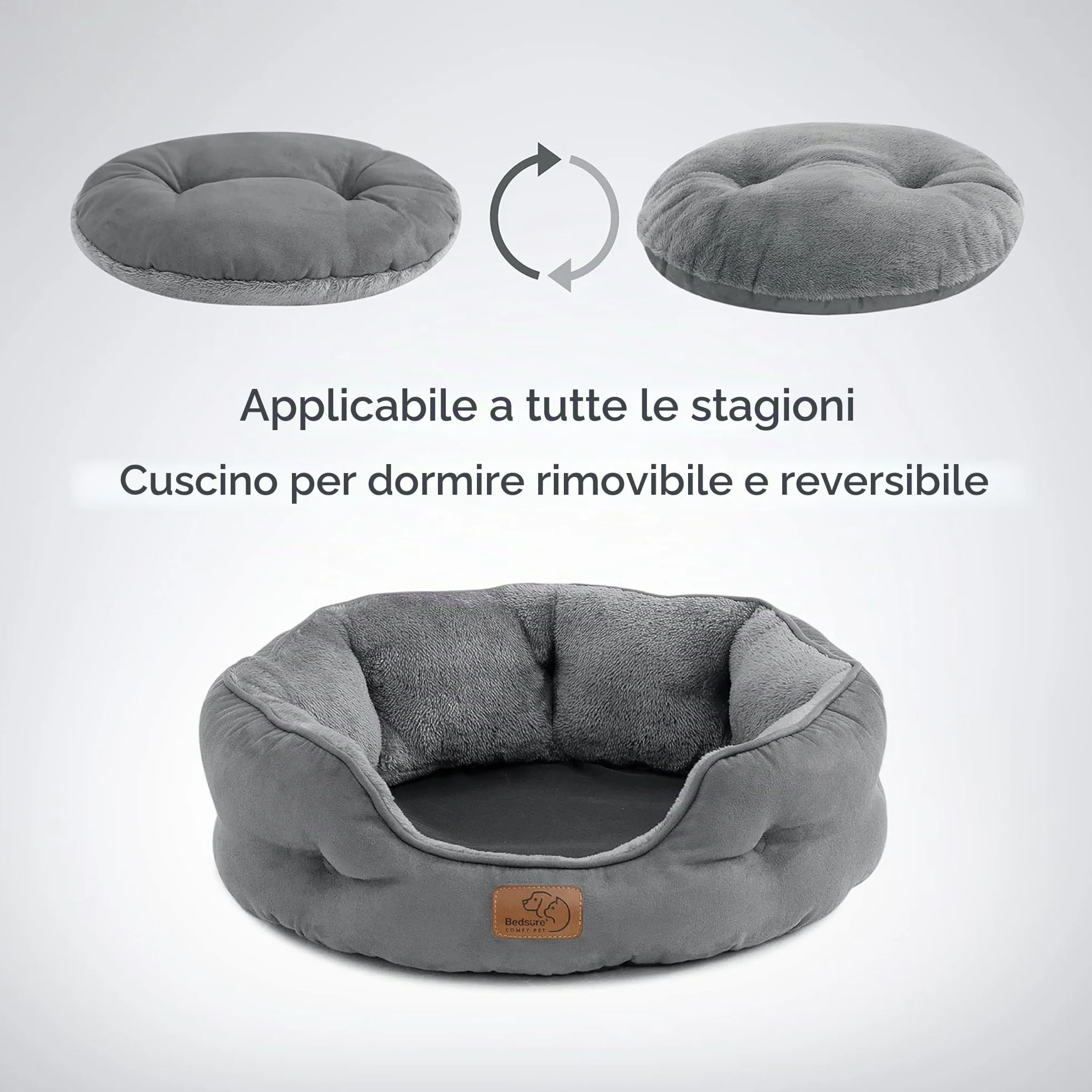 Bedsure Letto per Cani Lavabile Rotondo Antiscivolo Grigio 51x48x15cm