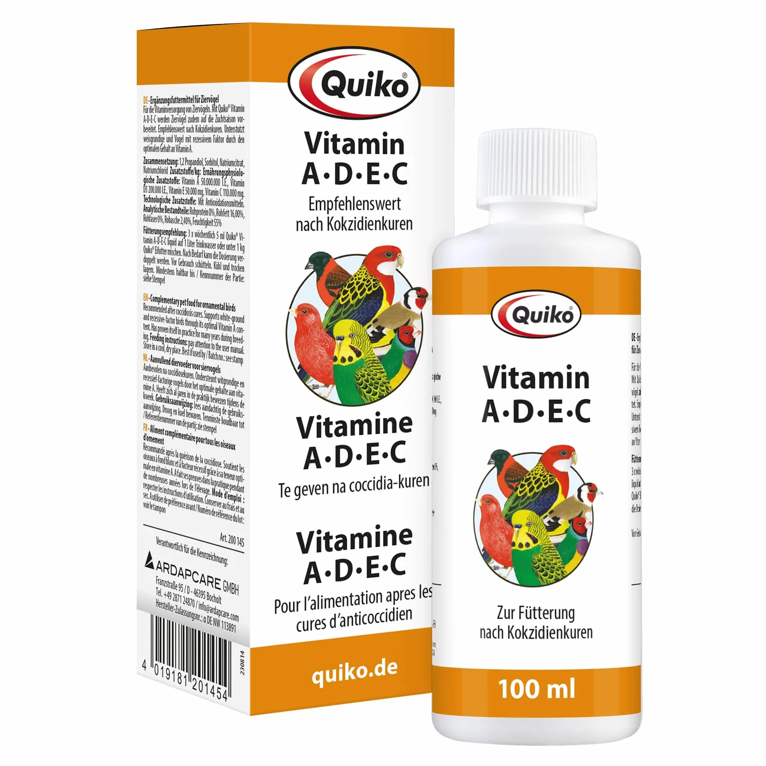 Quiko Vitamina ADEC 100 ml Per l'apporto di vitamine per uccelli da compagnia, piccioni da corsa e polli Per l'apporto di vitamine dopo la cura della coccidia adatto in situazioni di stress