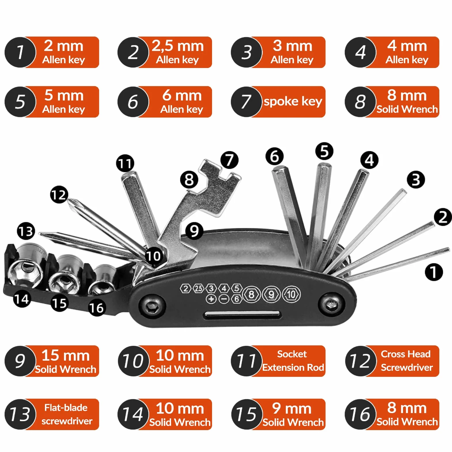 ROCKBROS Kit Riparazioni Attrezzi 16 in 1 per Bicicletta Multiutensili Manutenzione Multifunzionale Pieghevole in Acciaio