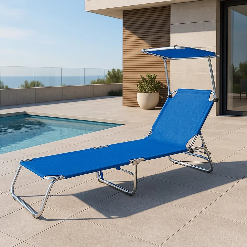 PALUPLUS Lettino Prendisole Pieghevole con Tetto Parasole con BORSA Portalettino, Misura 180x55x90 cm, Tessuto Textilene, Struttura Metallo Tubolare da 18mm, Peso Max 120kg -9301F (Blu)