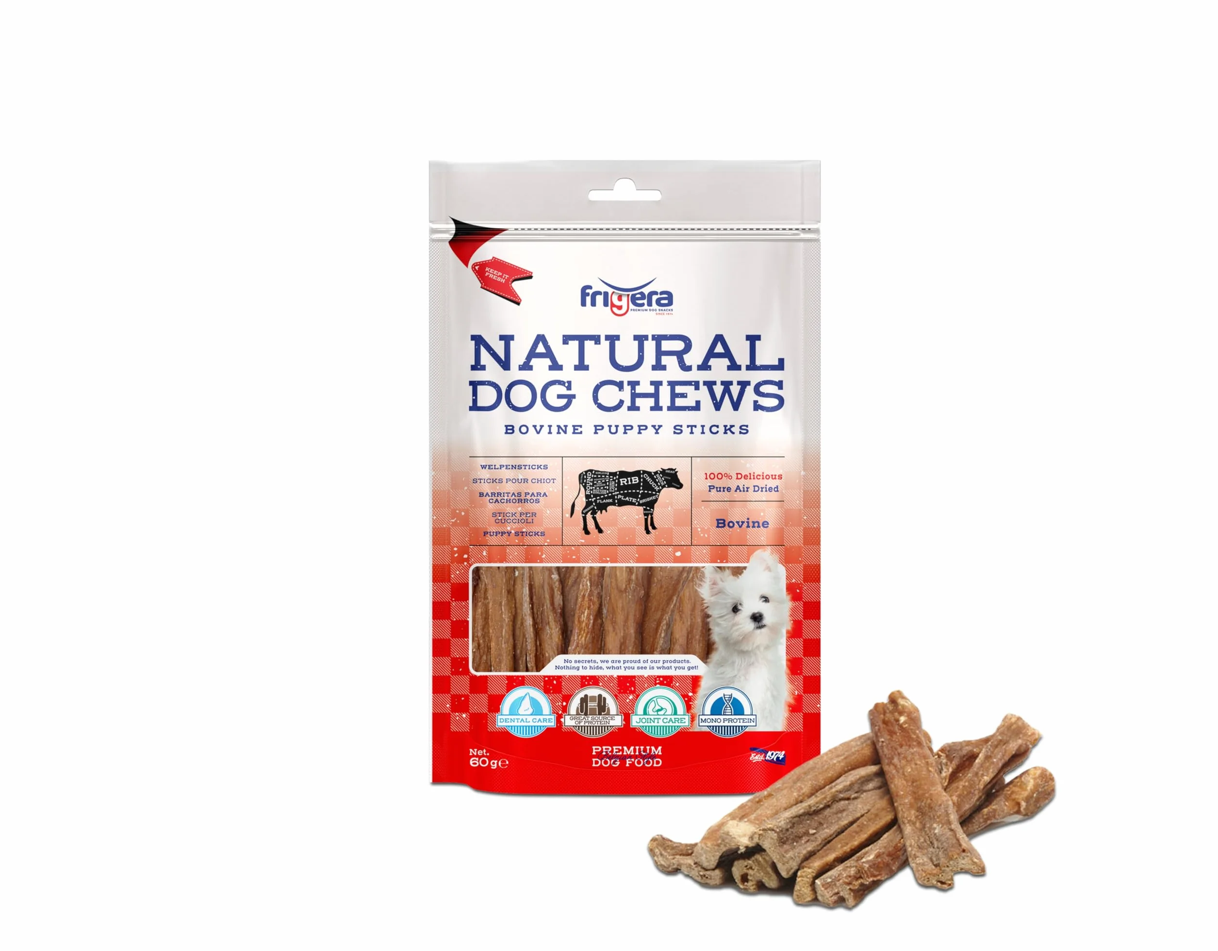 Frigera Bacchette per cuccioli, 60 g, naturali, ricchi di proteine, per cuccioli, senza glutine e cereali, snack per cani di alta qualità senza additivi
