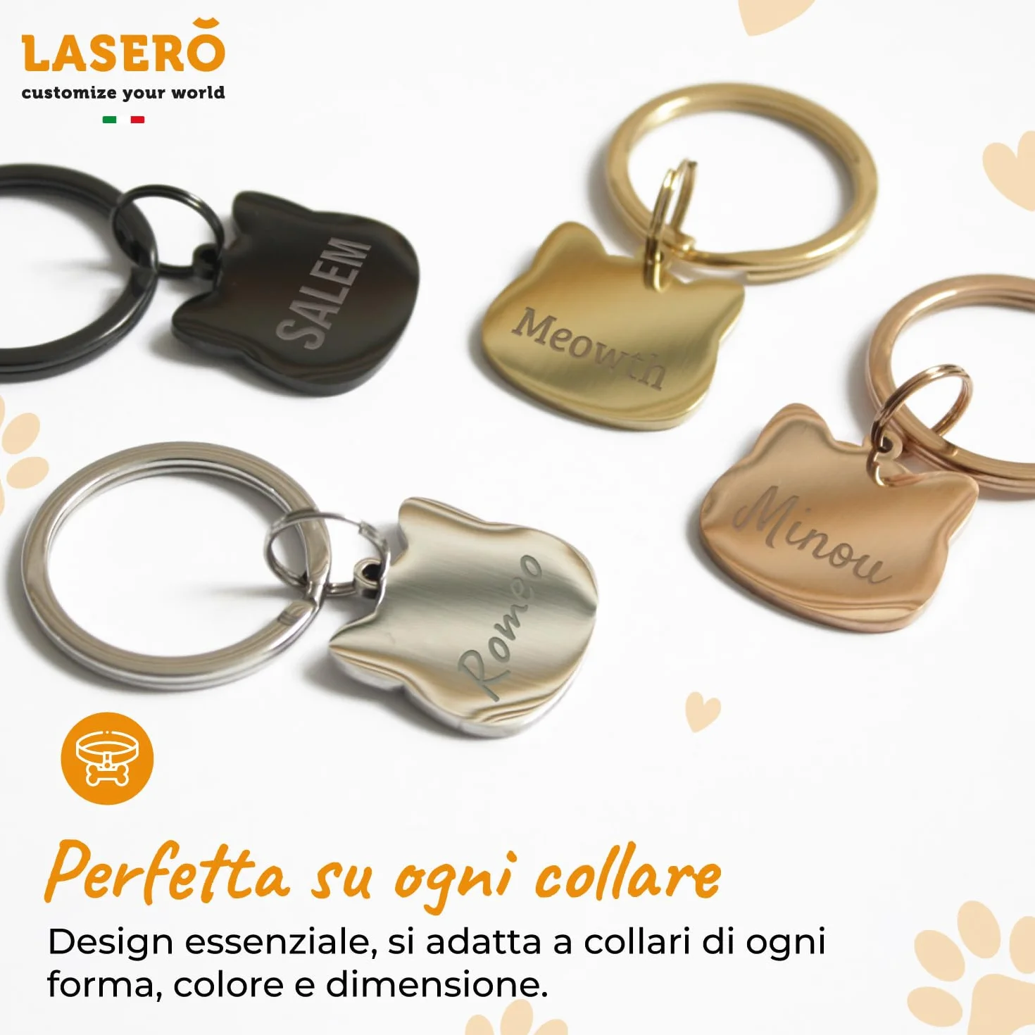 LASERO’ Medaglietta Gatto Personalizzata in Acciaio Lucido 2,5x2,5cm – Targhetta Gatto con Incisione Laser di Nome e Dati – 4 Colori (Rosa/Argento/Nero/Oro) – Targhetta Identificativa per Collare