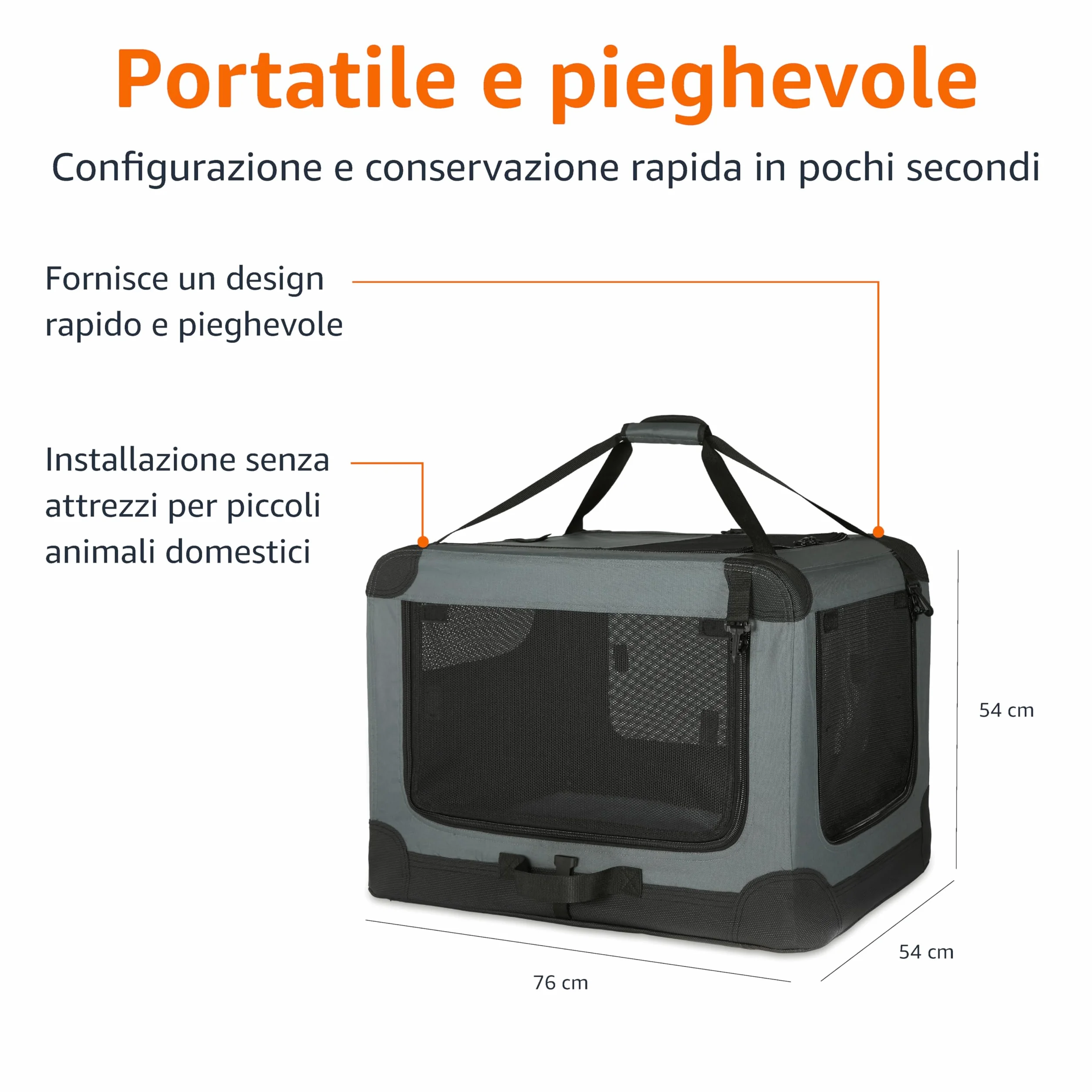 Amazon Basics Trasportino portatile e pieghevole a 4 porte per cani e gatti, Grigio M 76 cm x 54 cm x 54 cm