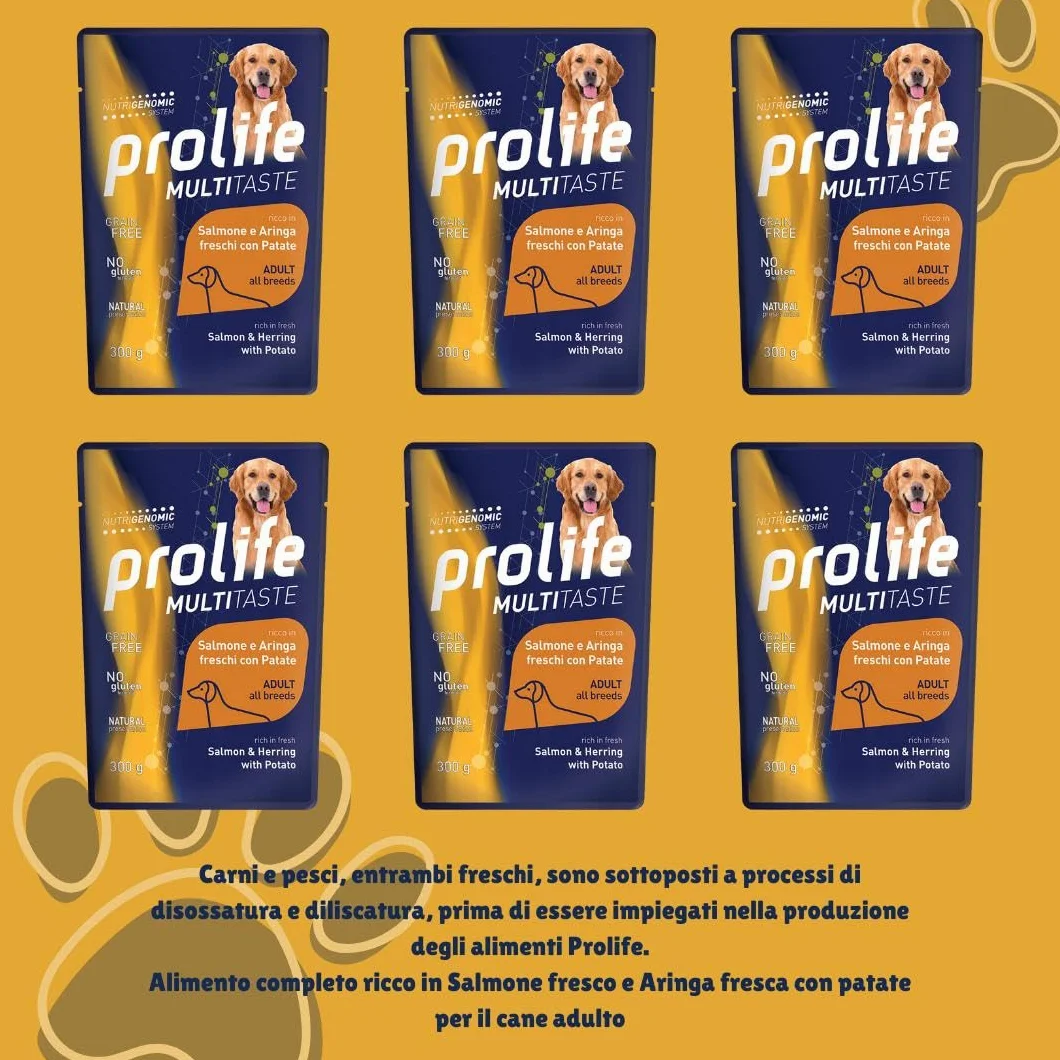 Prolife Umido Cane Multitaste 300gr, alimento completo di qualità per cani adulti di tutte le taglie, gusto SALMONE,ARINGA e PATATE | 6 bustine da 300 grammi l’una.