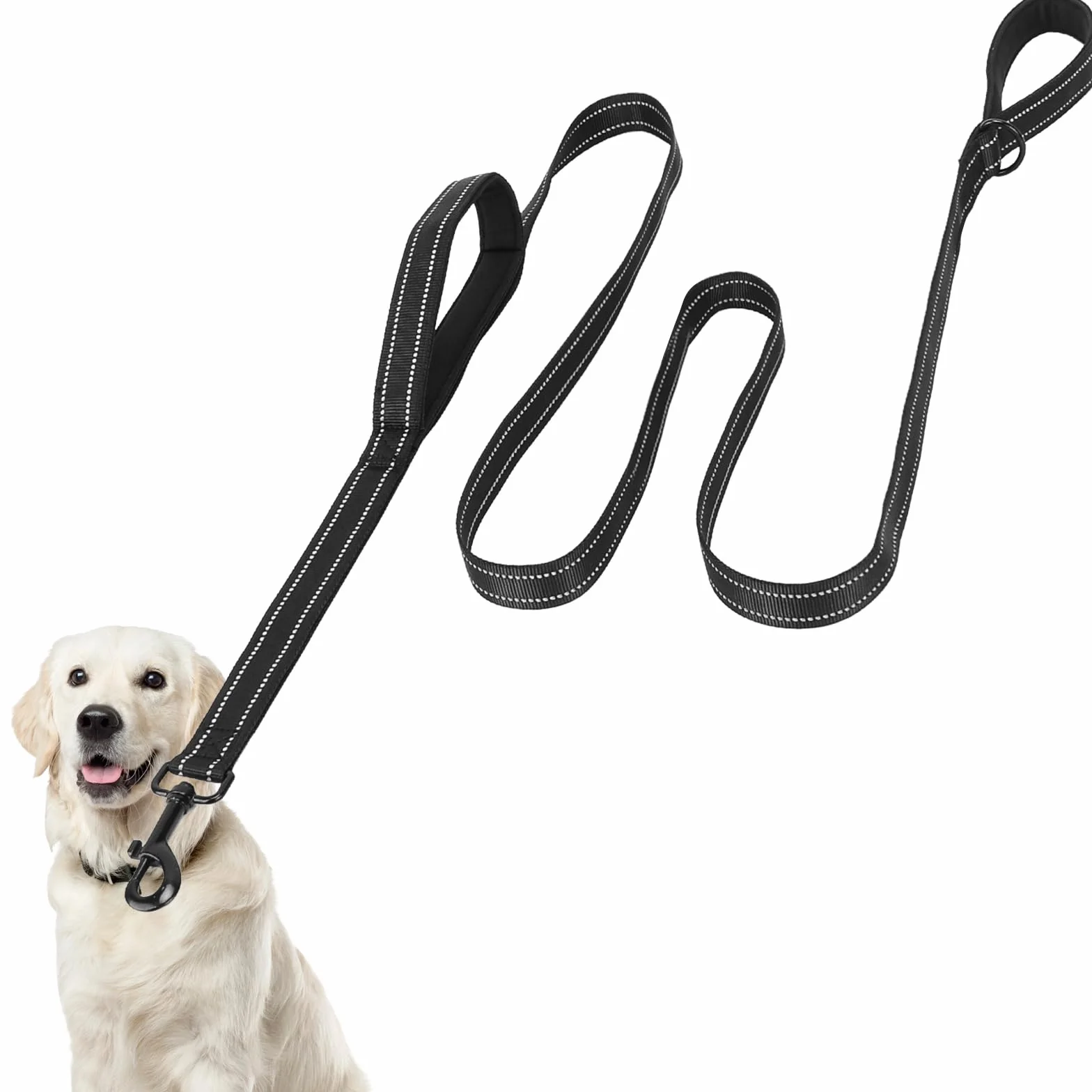 Euqvunn Guinzaglio per cani 2 m con doppia impugnatura imbottita | Cuciture riflettenti | Corda in nylon per cani taglia grande e media | Guinzaglio per il controllo e l'addestramento | Nero