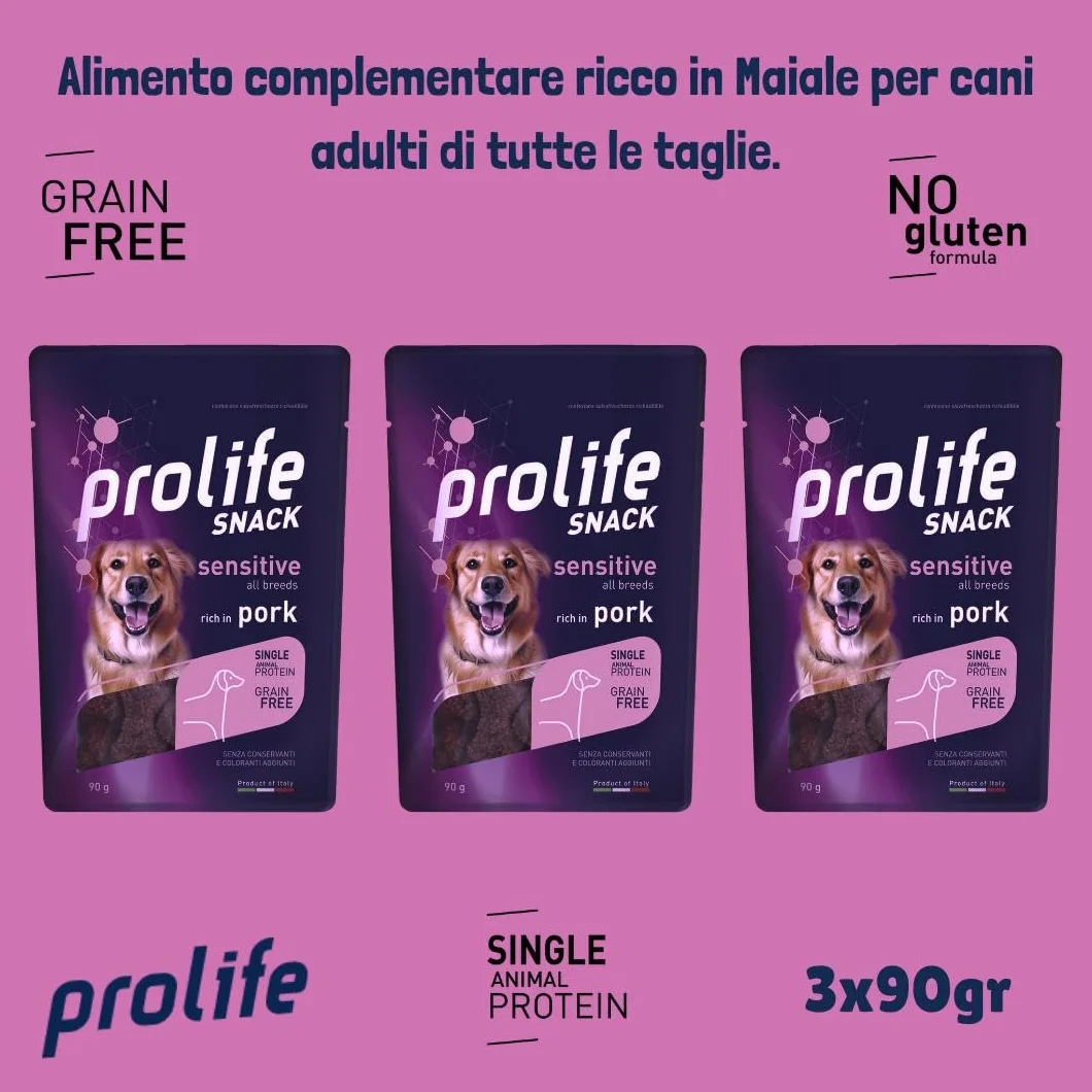Prolife Snack Cane Adult Sensitive gusto MAIALE, snack per cani adulti di tutte le taglie senza conservanti e senza cereali, grainfree, monoproteico | 3 bustine da 90 grammi l’una.