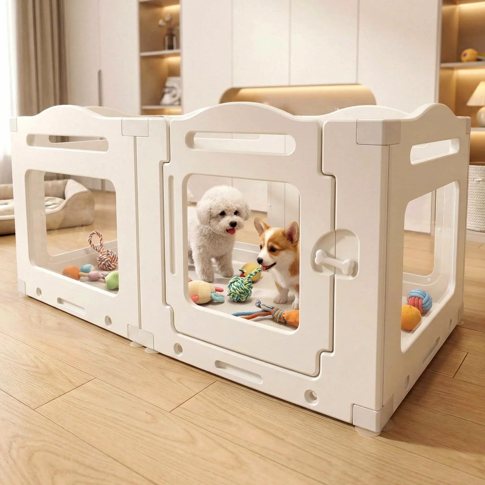 MAMIZO Recinto per Cani Acrilico 129 × 68 × 60 cm, Box per Cuccioli con Ventose, Box per il Parto Cani con Porta a Chiusura, 6PCS Pannelli Parco per Cani adatto Appartamento, Bianco