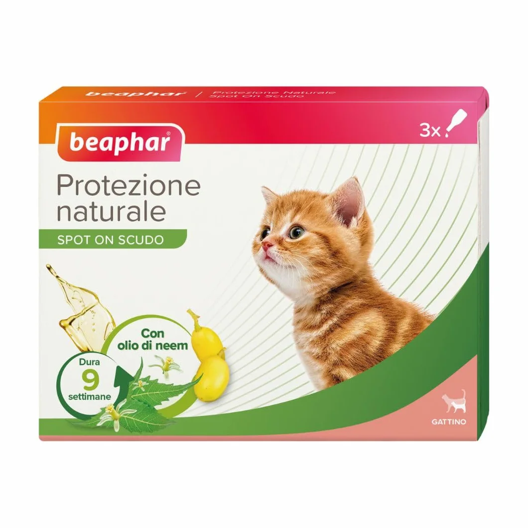 Beaphar Protezione Naturale, Spot-On Scudo per Gattino, con Olio di Neem e Piretro Vegetale, 9 Settimane di Protezione, 3 Pipette da 2 ml