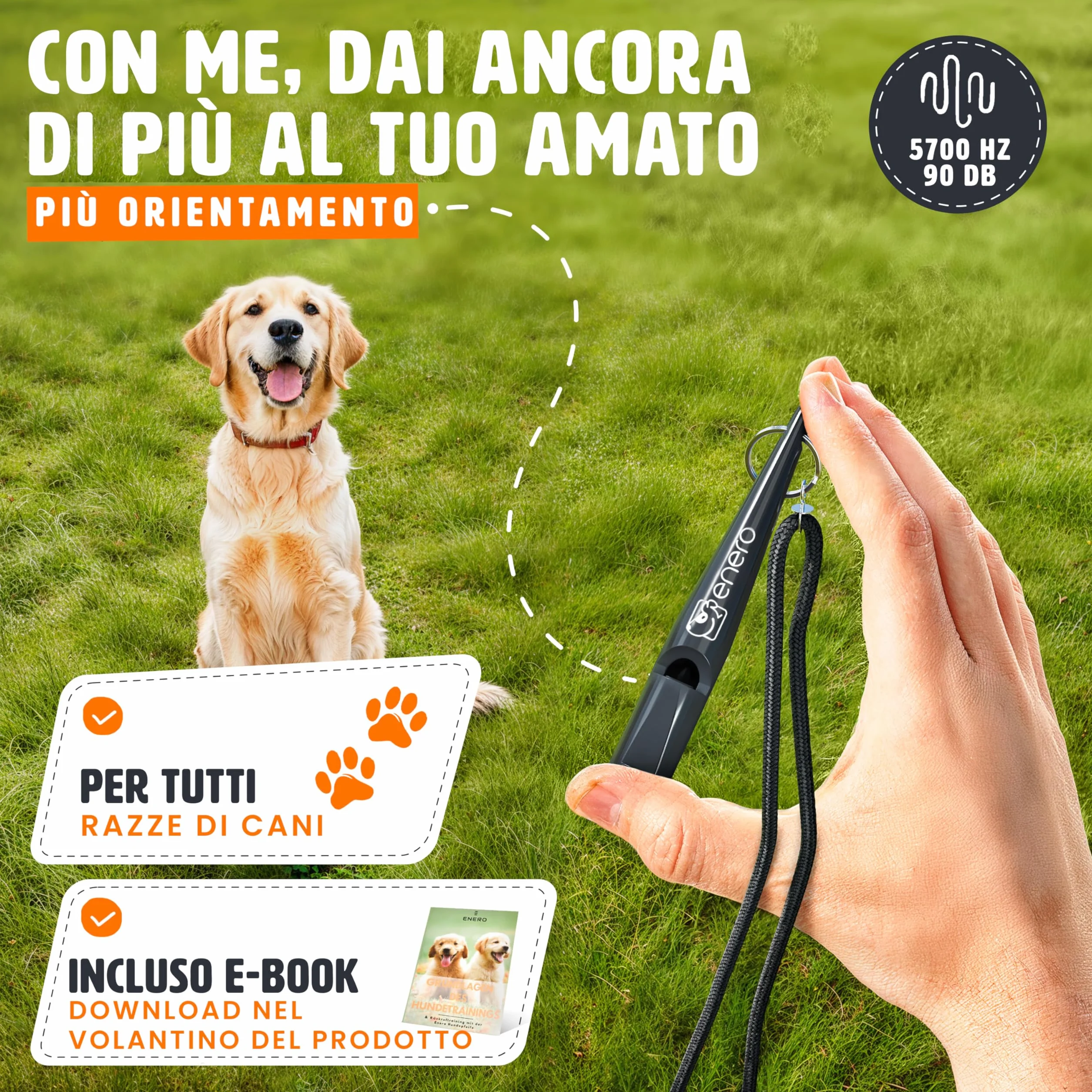 ENERO® Fischietto per cani con pratica fascetta - cani accessori - con frequenza standardizzata - Ideale per l'addestramento dei cani - udibile e di ampia portata - fischio per cani nero