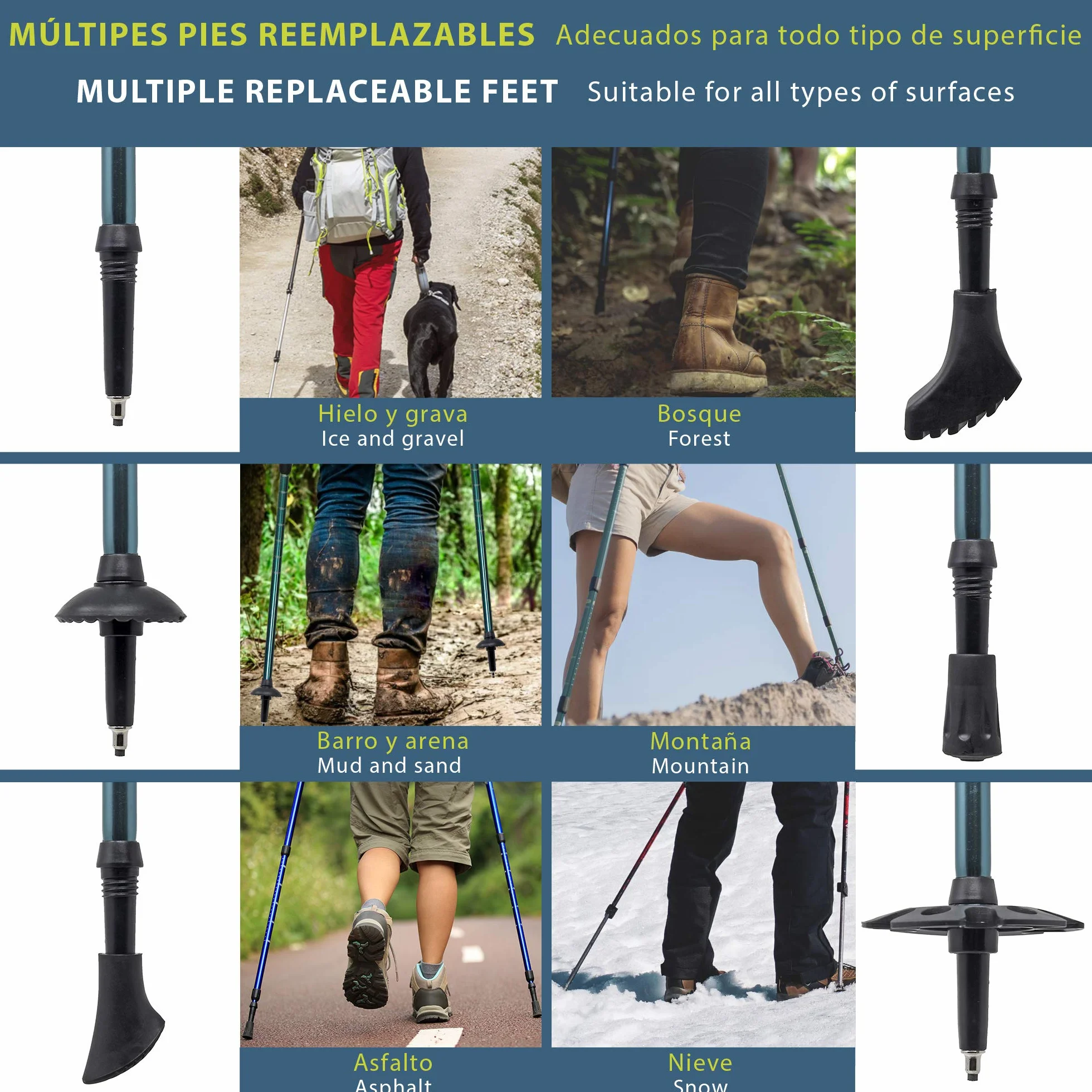 Bastoni da Trekking Estensibili Daikoku 65-135cm in Alluminio Leggeri e Resistenti con 6 Punte