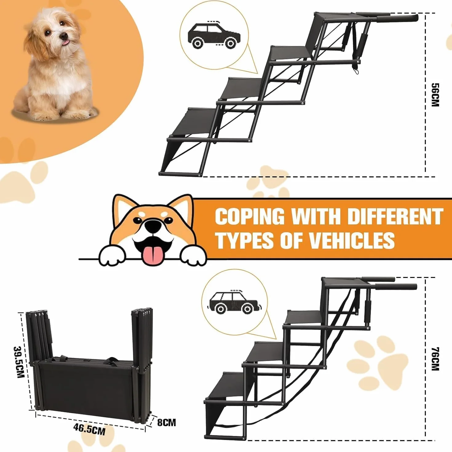Rampa per Cani Pieghevole 4 Gradini Fino a 80kg Antiscivolo per Auto Grandi Cani (nero, L)