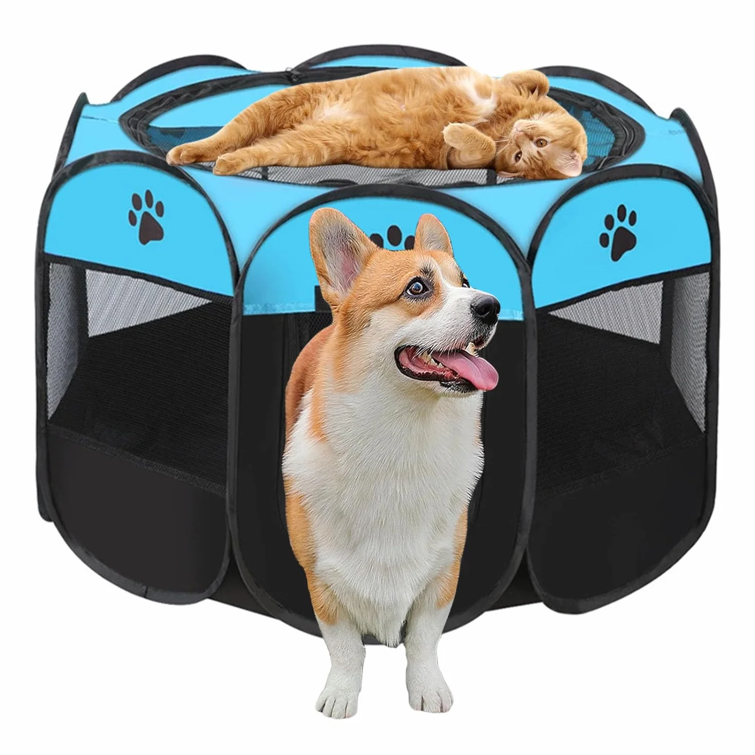 Beccucciolo portatile, per cani, pieghevole, per casa, cuccioli, telo impermeabile Oxford per cani, gatti, conigli, 74 x 74 x 43 cm (blu)