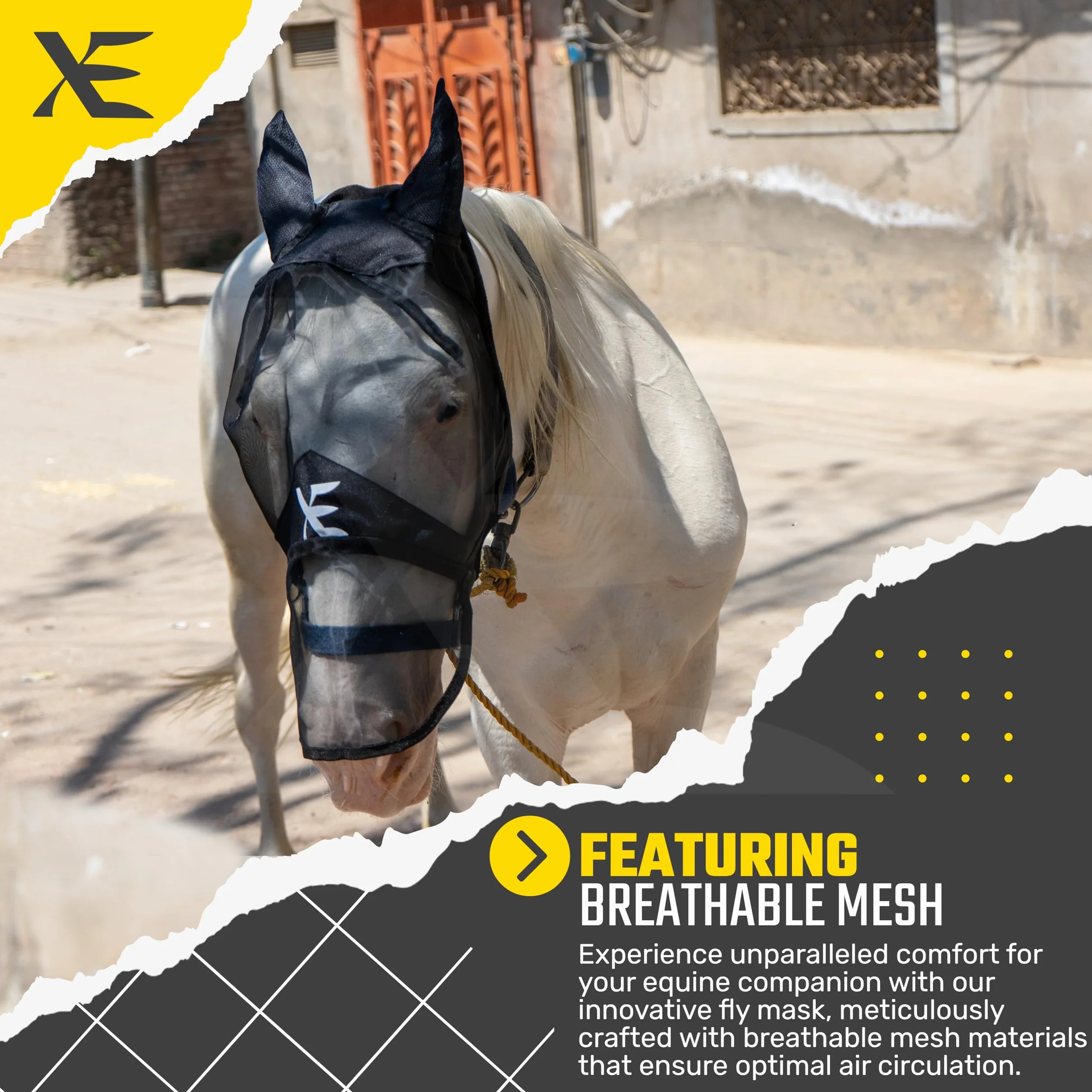 XE Maschera per Mosche per Cavalli con Orecchie-Maschera per Cavalli a Pieno Facciale e Naso in Rete Traspirante per Protezione UV e Mosche Equine (Full Black Mask, Cob (M))