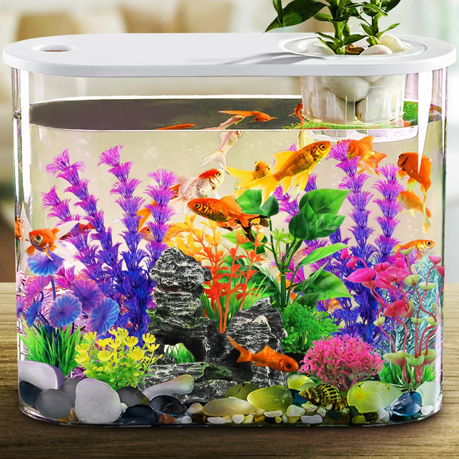 QUOZUO Decorazioni per acquari, 9 pezzi piante con vista rocciosa in resina, acquari piante in plastica, accessori per acquari e nascondigli