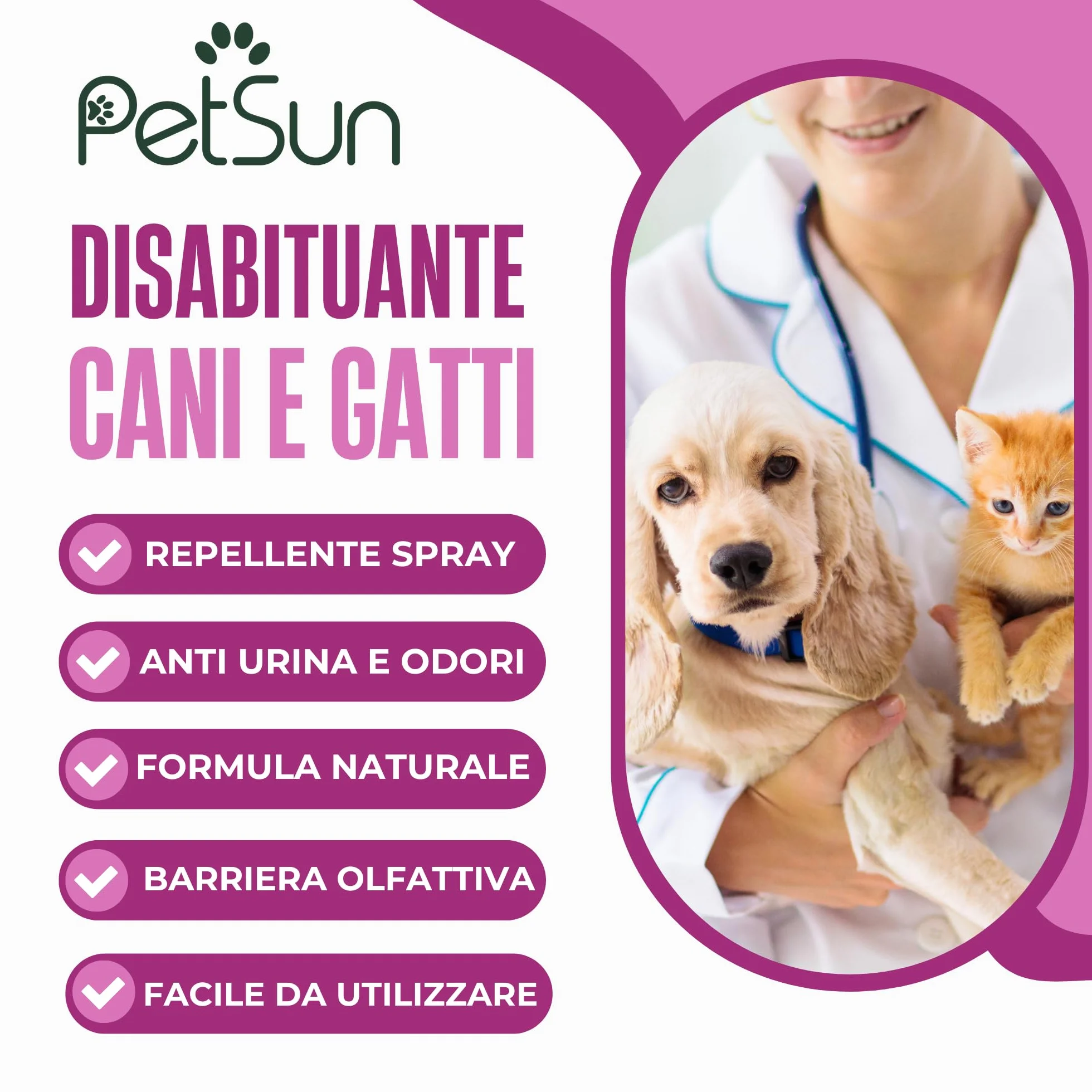 PetSun Disabituante per Cani e Gatti - Repellente - Spray Naturale - Anti Urina e Odori per Interni ed Esterni - 250 ml
