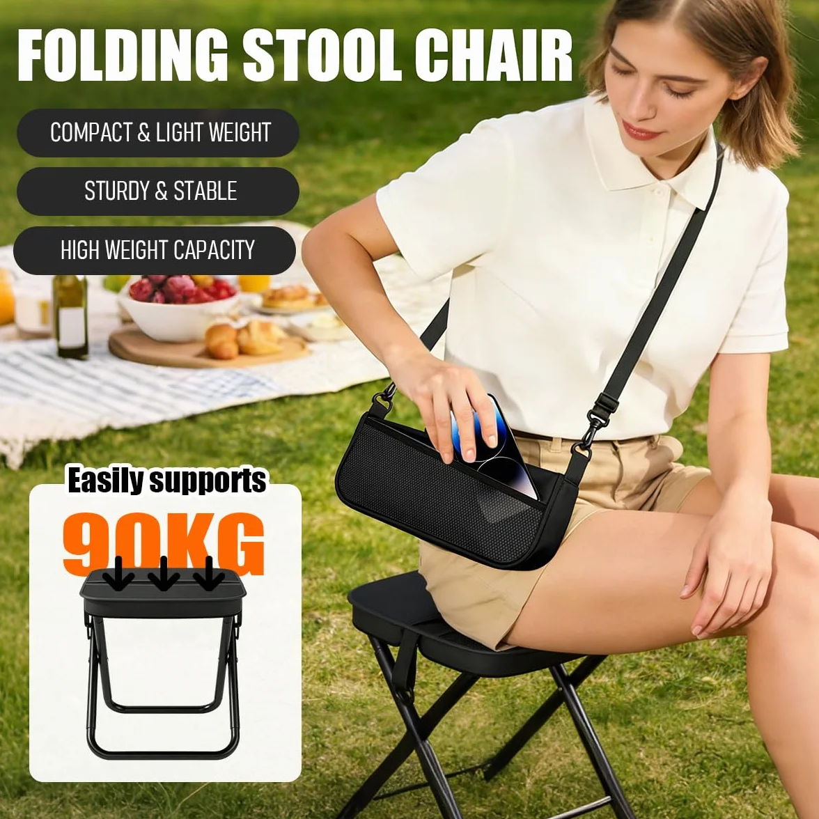 Sedia Pieghevole Portatile da Campeggio con Tracolla e Sacchetto a Rete – Black