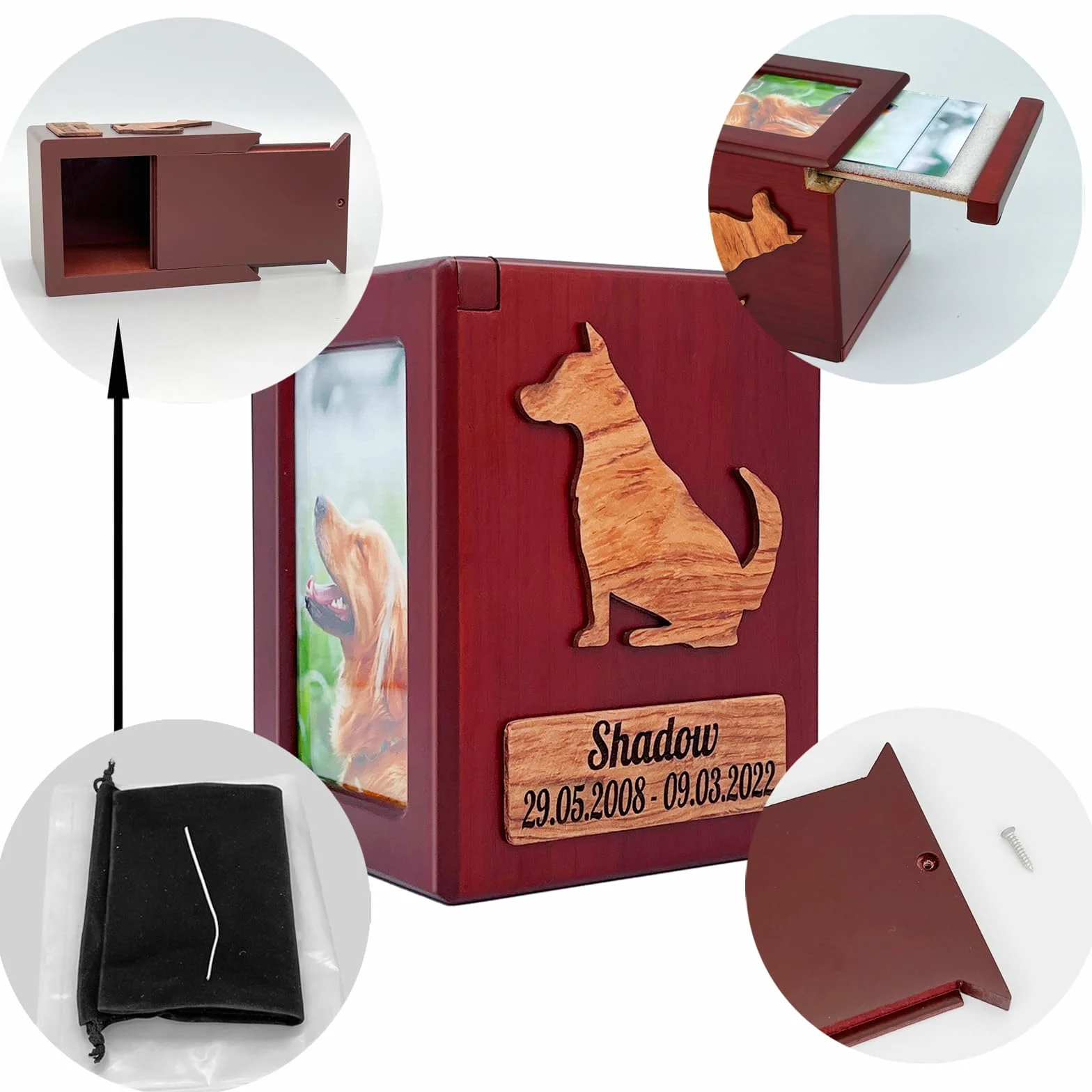 nome e data personalizzati, incidere il testo della benedizione, urna personalizzata, urna per animali domestici per cani e gatti, scatola di legno souvenir. (F)