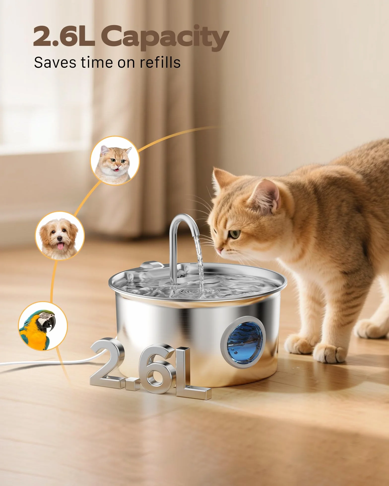 Fontanella per Gatti Acciaio Inox: Fontana per Gatti Inossidabile - 2.6L Automatico Fontanelle Gatto Silenziosa - Dispenser Acqua Gatto con Finestra Livello Acqua - Distributore Acqua per Cani