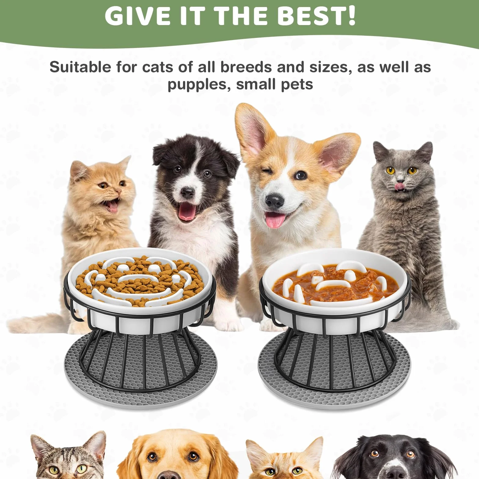Ciotola Anti Ingozzamento Gatto Rialzata, Ciotola Gatti Anti-imbracatura in Ceramica con Supporto e Ttappetino Antiscivolo, Ciotole Alimentazione Mangiare Lentamente per Gatti e Cani Piccoli