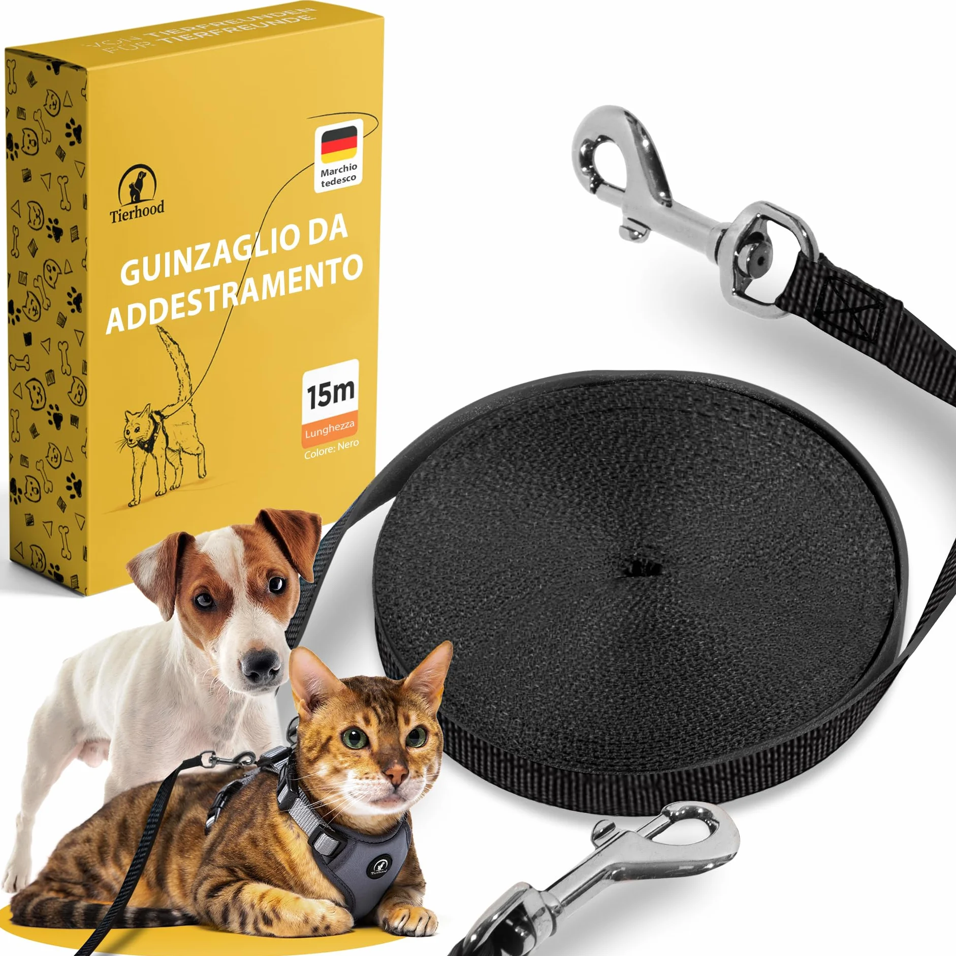 Tierhood Guinzaglio per gatti - 15m - guinzaglio resistente da training e richiamo, moschettone sicuro