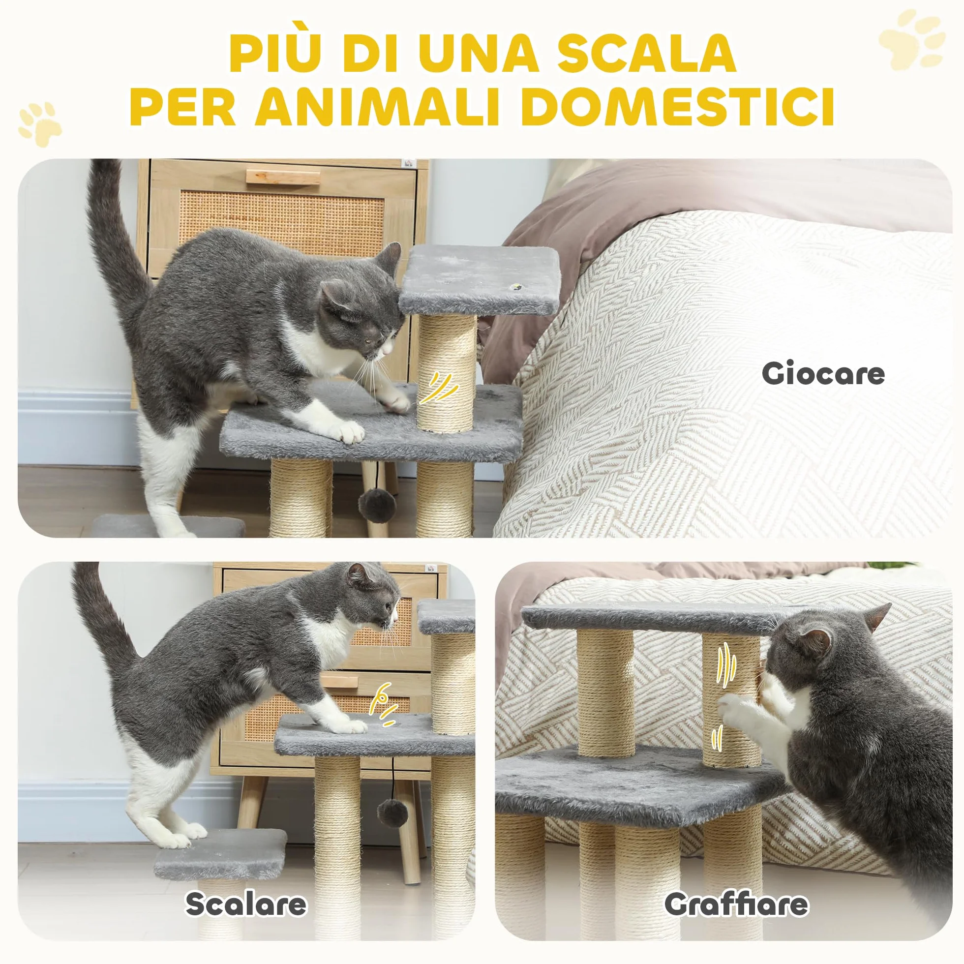 PawHut Scaletta per Cani e Gatti 3 Scalini in Peluche e Pali Tiragraffi in Sisal, Grigio