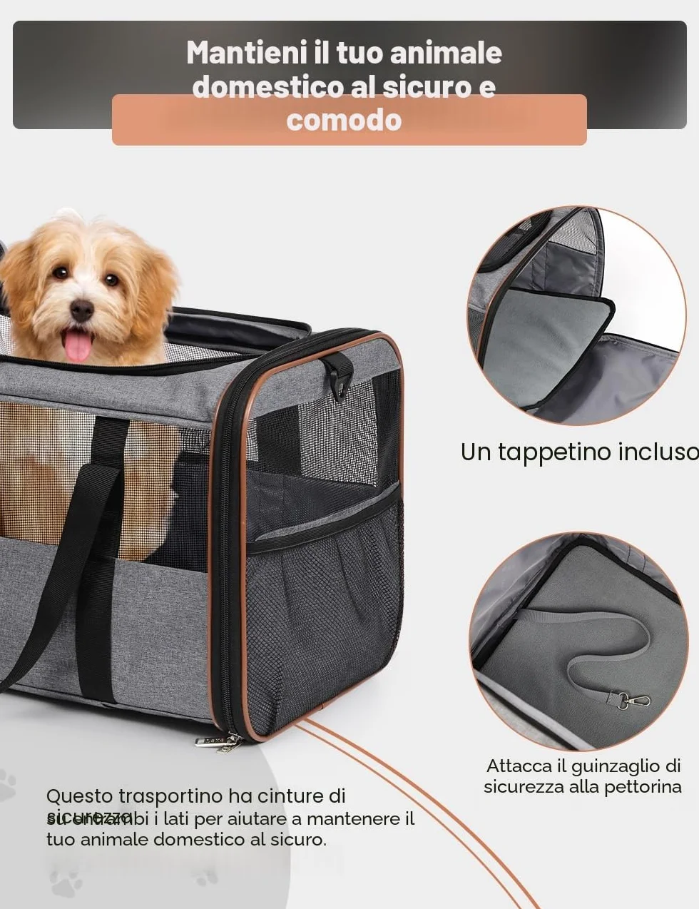 Trasportino per cani e gatti, con ruote, per il trasporto, per auto, con manico telescopico e tracolla, grigio